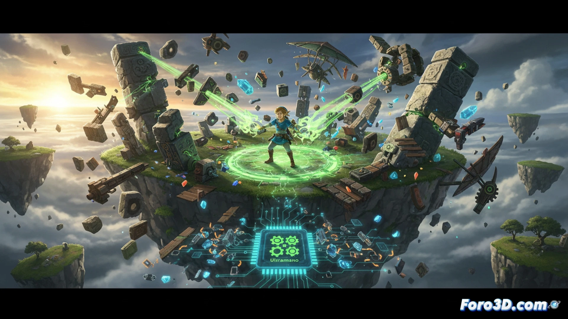 Gameplay de Ultramano en Tears of the Kingdom uniendo objetos para construir vehículos