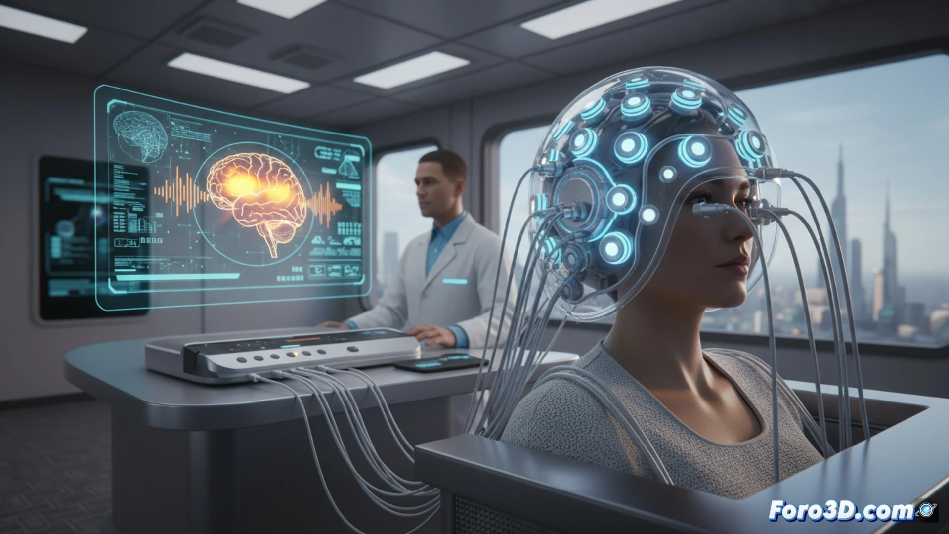 ultrasound transducer array positioned above a human brain cross-section, dual focused beams targeting both hemispheres simultaneously, neural pathways highlighted in blue and orange, tremor suppression effect shown as calming wave patterns radiating from treatment zones, clinical monitoring screen displaying real-time thermal mapping and target coordinates, photorealistic medical illustration, soft ambient hospital lighting, sterile white environment, anatomical precision, subtle glowing effect on active ultrasound elements, technical engineering visualization, sharp focus on device-patient interface