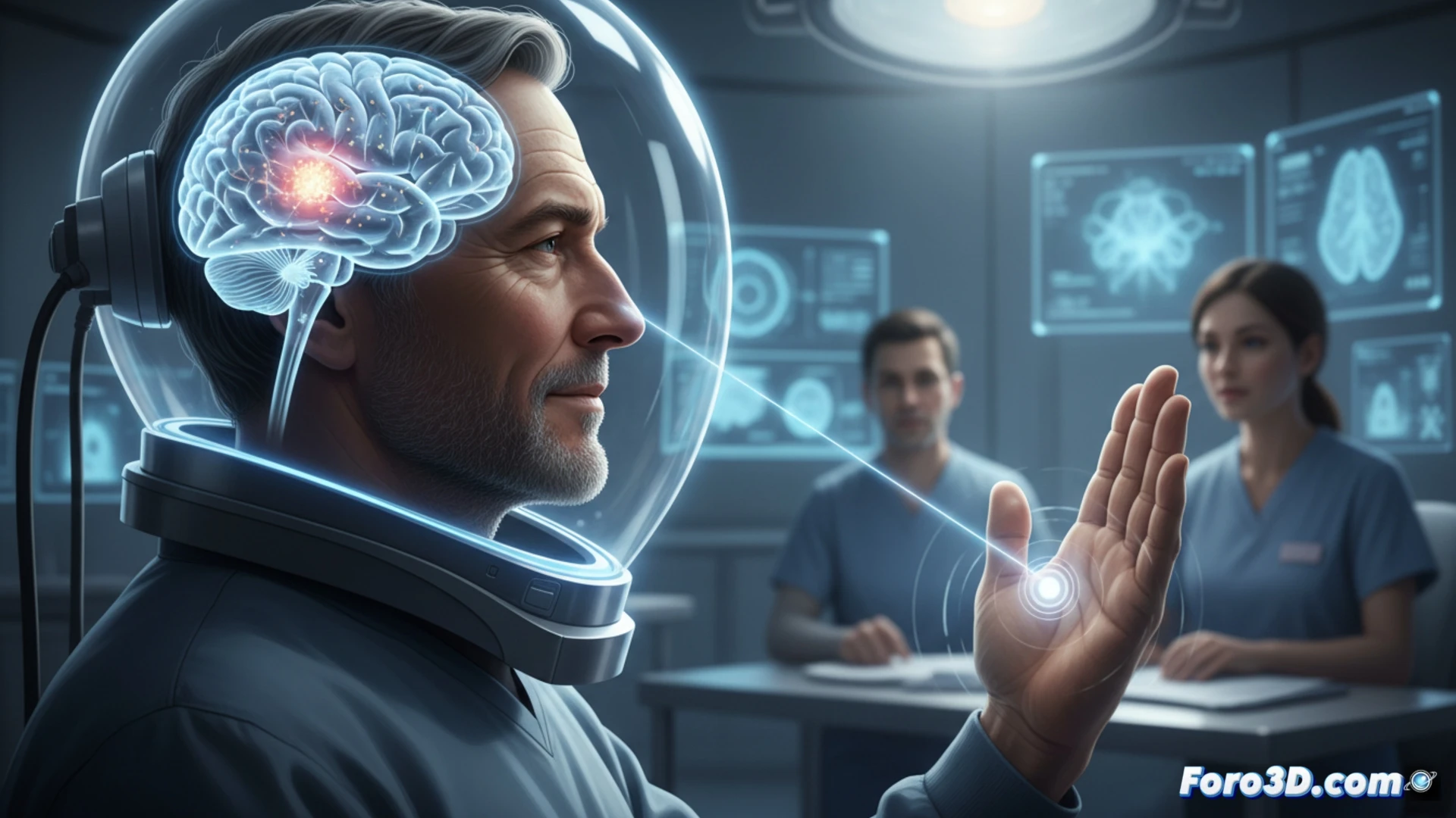 Atención médica con ultrasonido focalizado de alta intensidad, un paciente masculino de 68 años recostado con un casco de neuromodulación sobre la cabeza, un cirujano ajustando parámetros en una pantalla táctil que muestra ondas acústicas convergentes en el cerebro, la mano del paciente dejando de temblar visiblemente durante el procedimiento, sala de operaciones minimalista con iluminación azul fría, cables y soporte metálico del transductor, estilo cinematic photorealistic, detalle técnico del haz de ultrasonido representado como líneas doradas penetrando el cráneo, sin texto ni números visibles.