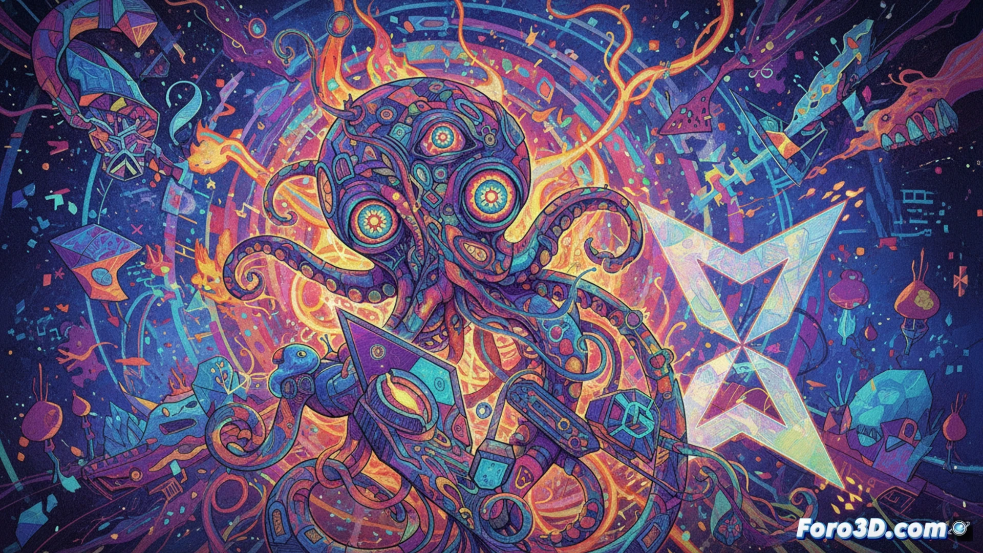 Ilustración psicodélica de Ultros con colores neón, fractales y trazos a lápiz en estilo alienígena