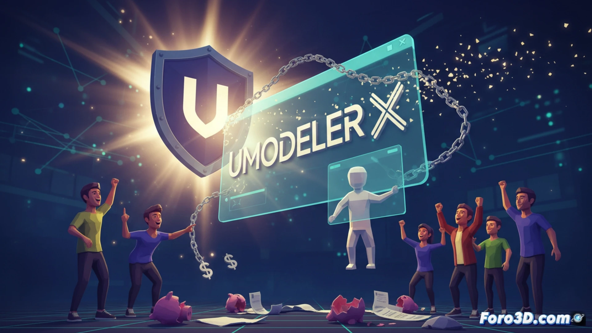 Un editor de Unity muestra la interfaz de UModeler X con un modelo low-poly texturizado, rodeado de herramientas de modelado y rigging.
