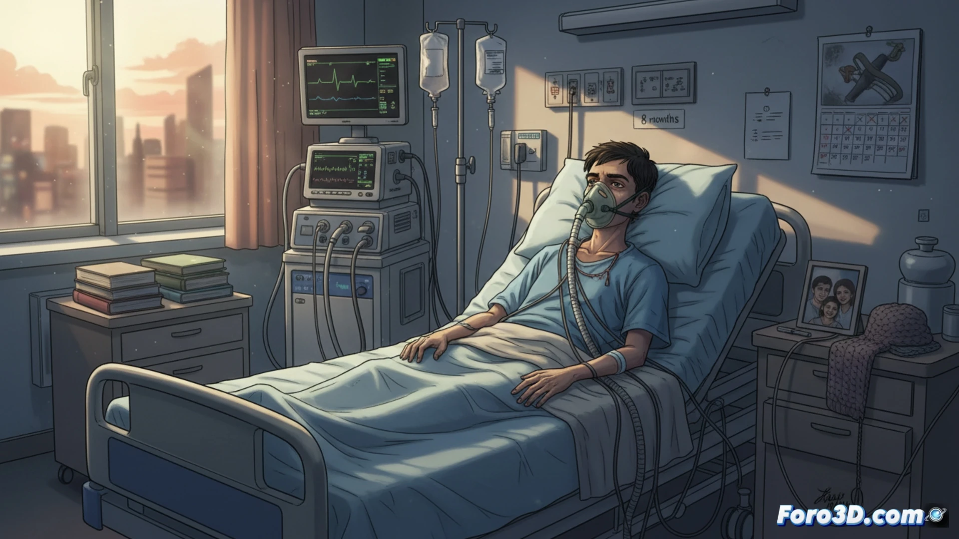 hospital room at night, medical ventilator machine with disconnected tubing lying on bed, patient in wheelchair facing window, empty caregiver chair overturned, paper documents with bureaucratic stamps scattered on floor, dust particles floating in dim light, cinematic technical illustration, cold fluorescent lighting, photorealistic medical equipment details, ventilator screen showing error code, oxygen gauge at zero, wheelchair brake engaged, dramatic shadows from window blinds, abandoned hospital gown on bed, sterile environment with clinical precision