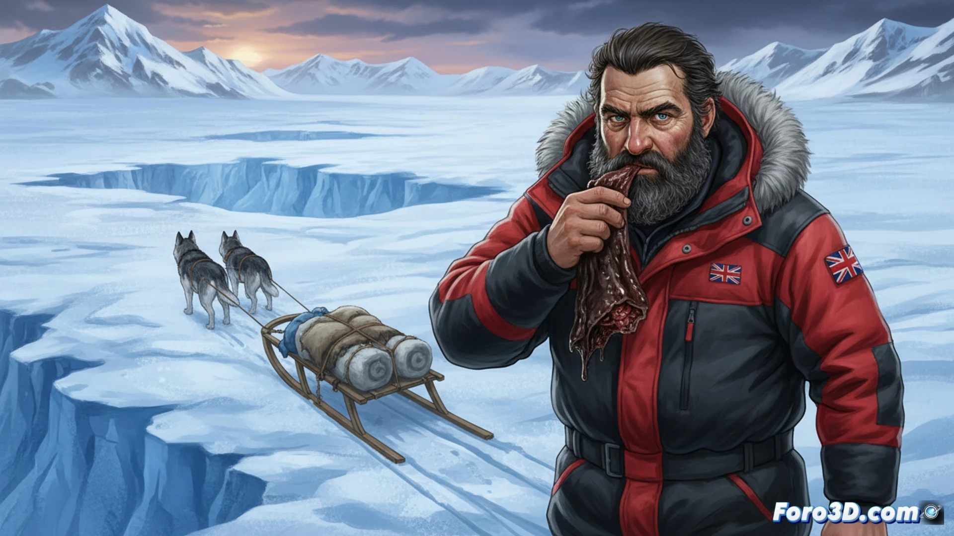 Explorador en esquí cruzando glaciar ártico bajo cielo nublado, arrastrando trineo con equipo técnico y perro de raza nórdica, sosteniendo un trozo de carne oscura con textura rugosa y superficie verdosa, mostrando proceso de alimentación extrema, mochila con sensores biométricos y GPS, huellas marcadas en nieve profunda, montañas de hielo al fondo, estilo cinematográfico fotorrealista, iluminación fría azul-gris, viento visible en partículas de nieve, detalles de escarcha en barba y gafas de glaciar, composición dinámica de acción en movimiento, alta definición técnica.