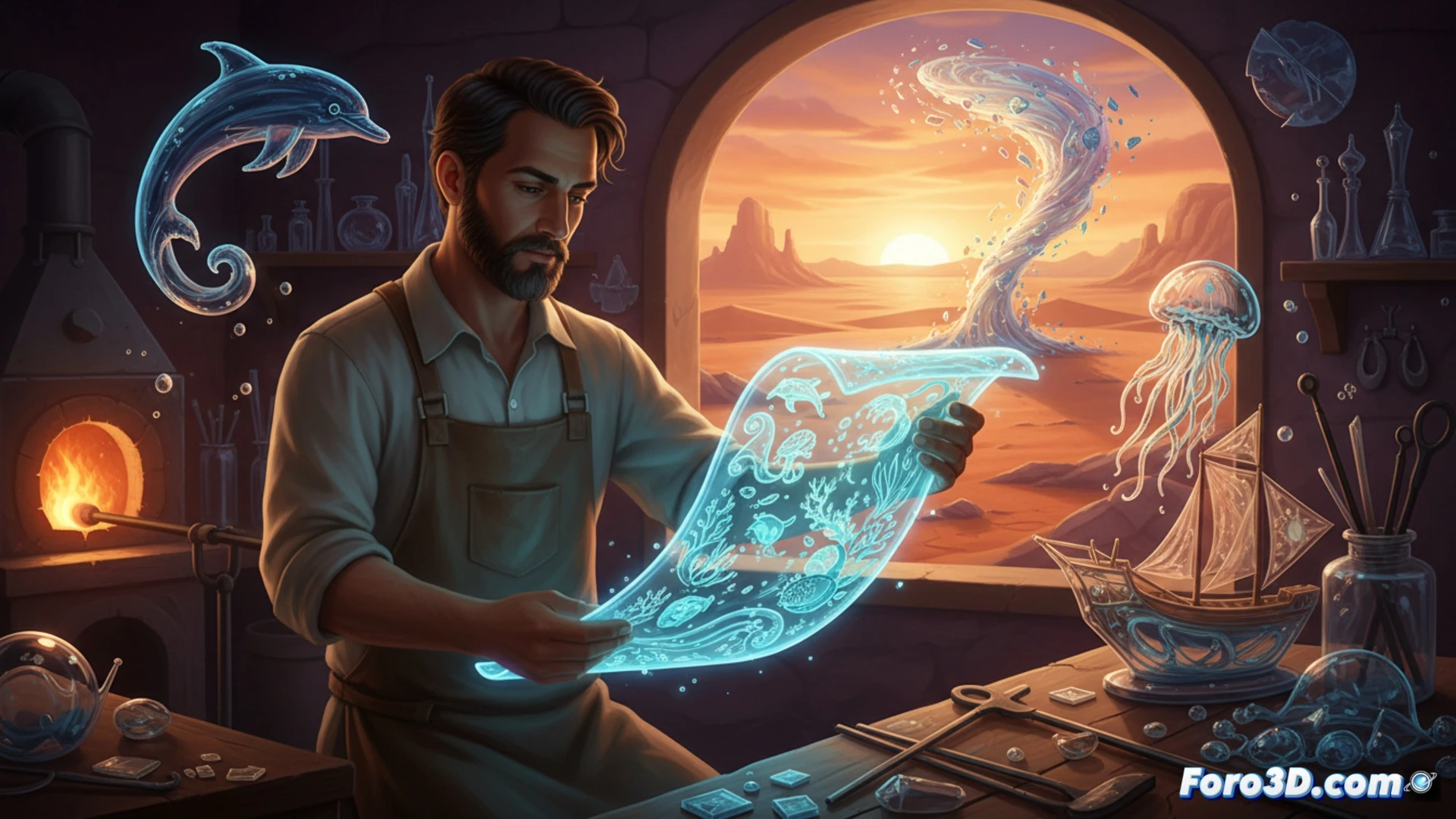 glass sculptor kneeling on desert sand, hands shaping molten glass with metal blowpipe, a torn envelope and handwritten letter resting on nearby rocks, glass sculpture transforming into translucent waves and sea foam mid-creation, sand particles swirling like ocean spray, glowing sunset light casting amber and blue reflections through the glass, intricate hand gestures of artisanal glassblowing, dreamlike desert-to-ocean transition, cinematic animation style, high contrast chiaroscuro lighting, technical precision in glassworking tools and furnace glow, photorealistic environmental storytelling