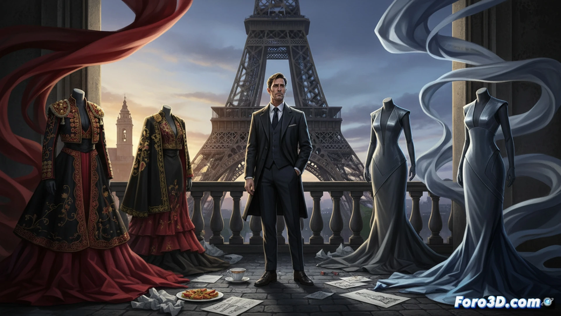 Un diseñador español, con bocetos en mano, contempla la Torre Eiffel desde su taller parisino, entre telas rojas y maniquíes.