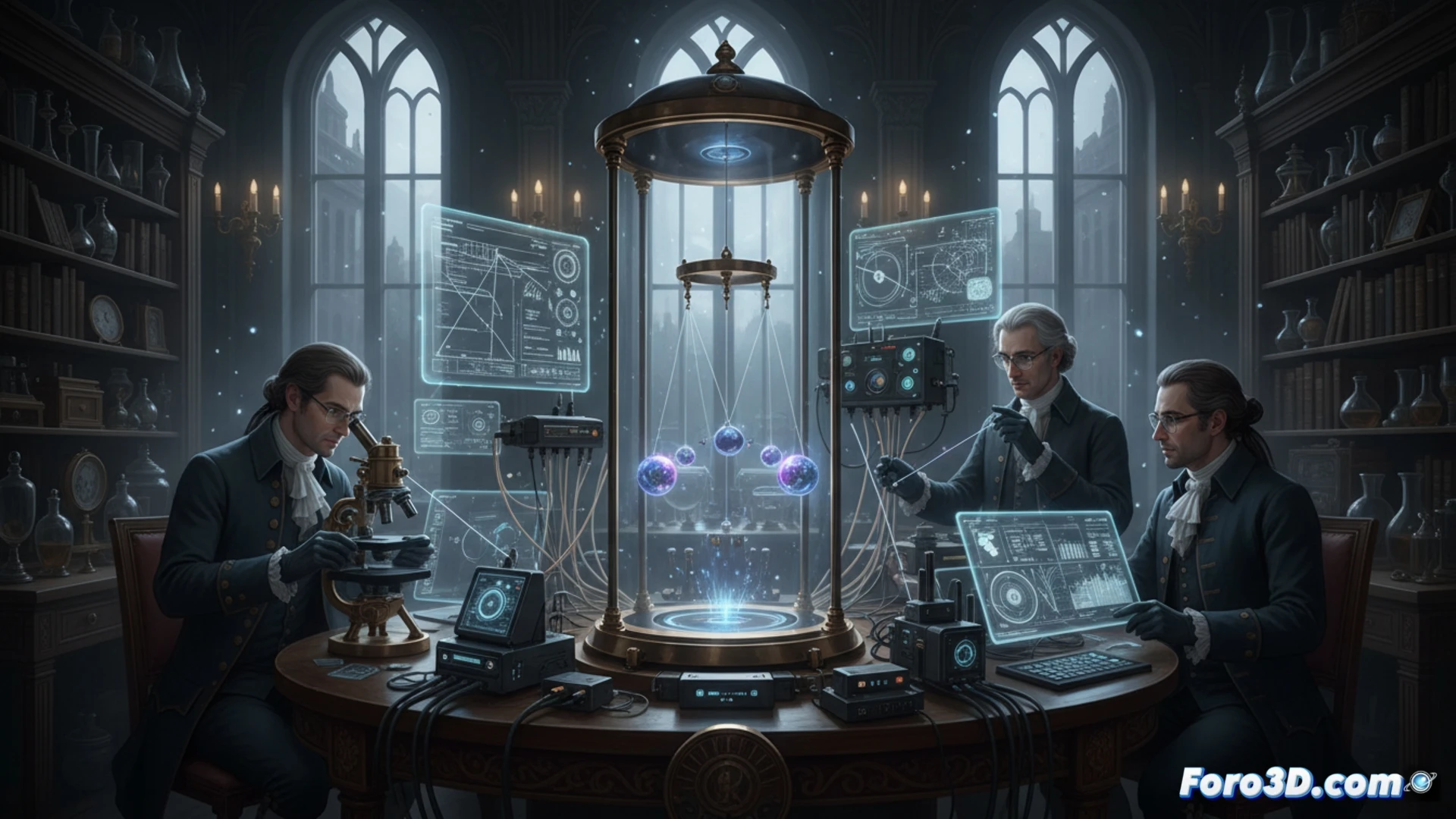 Ilustración de una balanza de torsión del siglo XVIII, miniaturizada y brillante, suspendida en un laboratorio oscuro. Rayos de luz y partículas fantasmales la rodean, simbolizando la búsqueda de materia oscura.