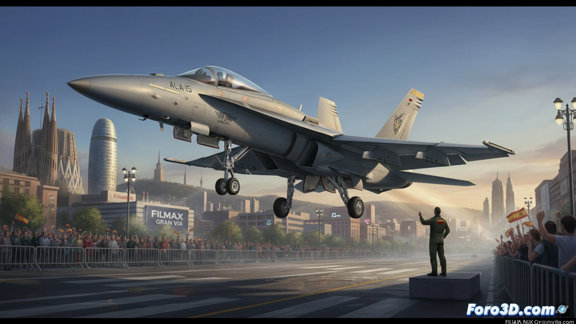 Un F-18 real sobrevuela Barcelona mientras el comandante Antonio Mancebo, piloto del Ala 15, aterriza simbólicamente en los cines Filmax Gran Vía para celebrar el 40 aniversario de Top Gun, compartiendo su experiencia real con los asistentes.