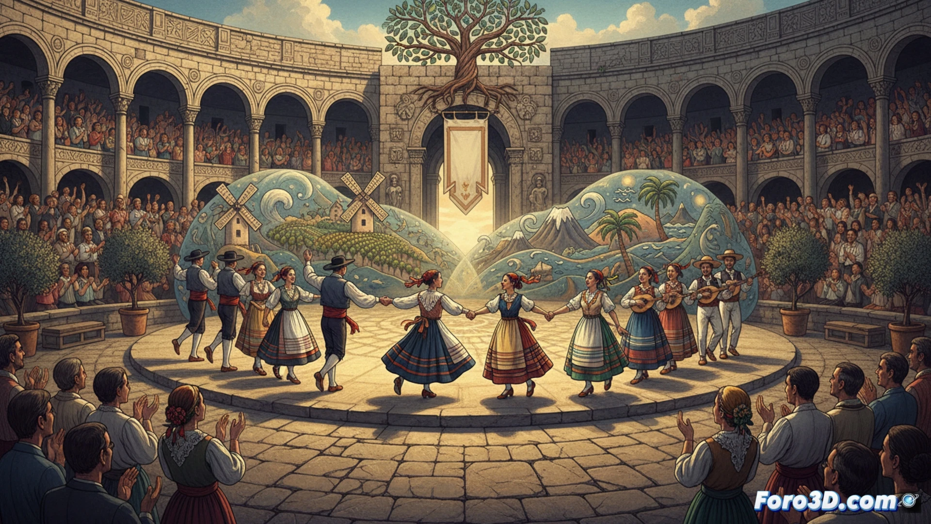 Grupo de bailarines en traje tradicional manchego y canario girando juntos en una plaza empedrada de Ciudad Real, durante un ensayo al atardecer, con castañuelas y tambores en acción, folcloristas intercambiando partituras manuscritas y cuadernos de anotaciones, un altar portátil con la Virgen de Alarcos al centro, proyectando sombras alargadas, estilo cinematográfico con luz dorada de ocaso, alto contraste, texturas de encaje y bordados visibles, polvo levantado por los pasos de baile, photorealistic cultural documentation