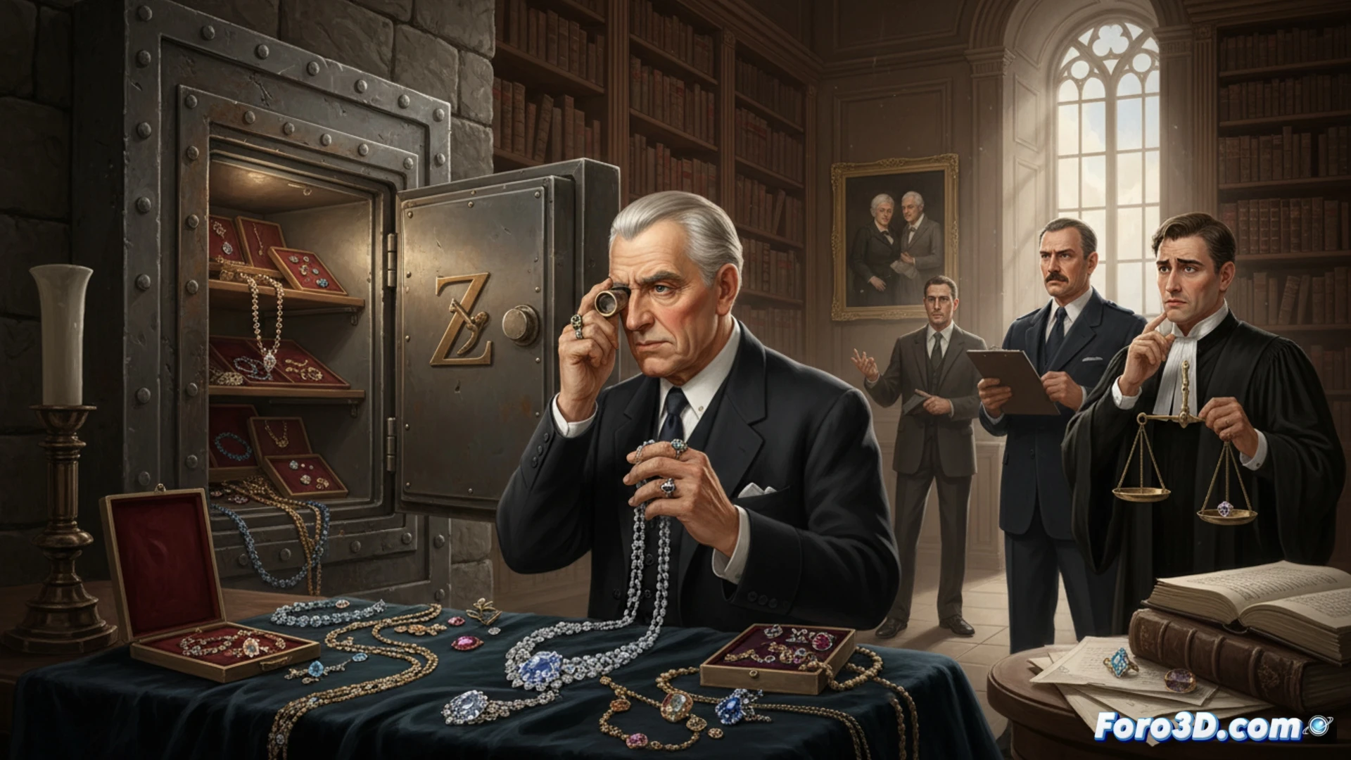 photorealistic technical scene of a police evidence table in a dim Madrid office, a forensic expert in gloves using a jeweler loupe to examine a gold necklace and diamond brooch from an open safe, scattered velvet boxes and loose gemstones, UDEF evidence tags on a digital scale, a laptop showing a valuation spreadsheet, cold blue overhead light contrasting warm desk lamp, dust particles in beam, hyperdetailed metal reflections, cinematic crime investigation style