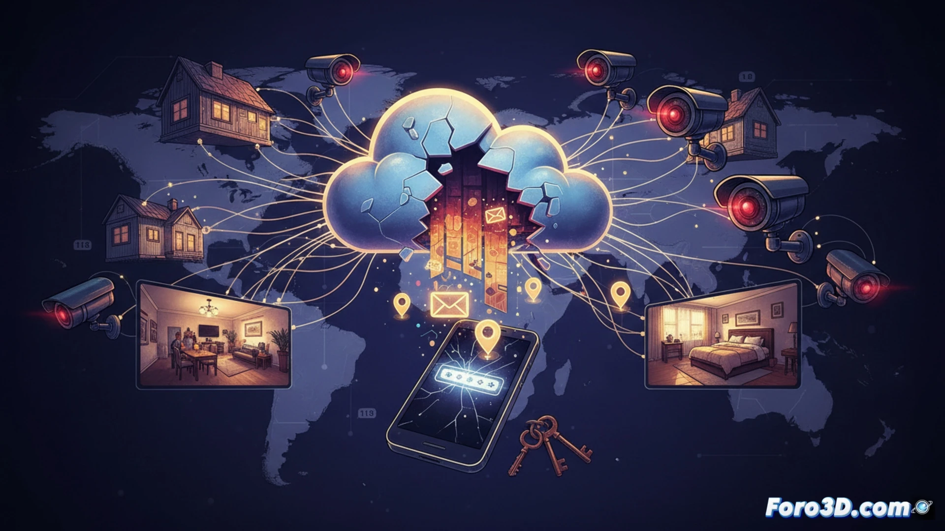 Un mapa global con 118 países marcados en rojo, sobre un fondo de cámaras de vigilancia y monitores de bebés vulnerables, con datos personales expuestos.