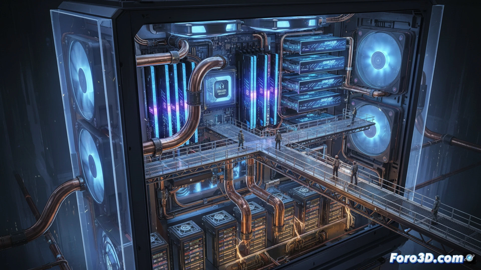 Un PC habitable con 18.000 GB de RAM y refrigeración de 12.000 vatios, donde una persona camina entre servidores gigantes.