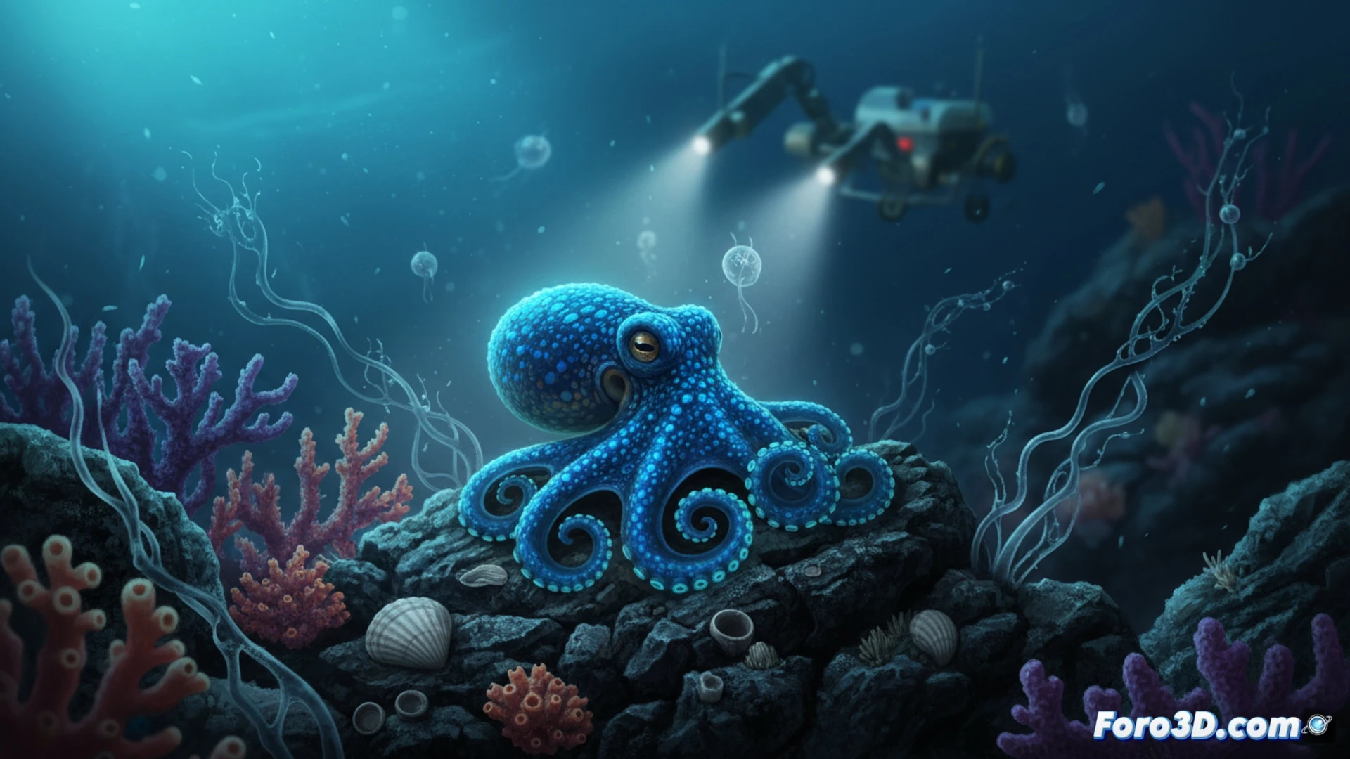 deep ocean scene off Darwin Island, a tiny blue octopus the size of a golf ball resting on a dark volcanic rock at 1,768 meters depth, its eight tentacles slightly spread as if sensing the current, a single scientific ROV robotic arm with LED lights approaching slowly from above, sediment particles drifting in the water column, bioluminescent specks in the background, cinematic photorealistic underwater visualization, dramatic low-light with cold blue and black tones, ultra-detailed skin texture and suction cups, hyperrealistic deep-sea technical illustration