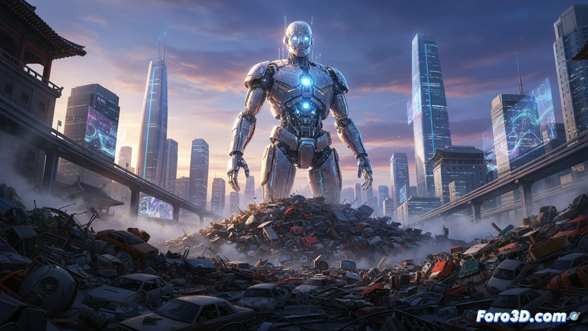 En un vertedero de Seúl reunificada, un robot oxidado yacía entre chatarra, emitiendo una luz tenue y azulada desde su pecho, bajo un cielo gris y edificios lejanos.