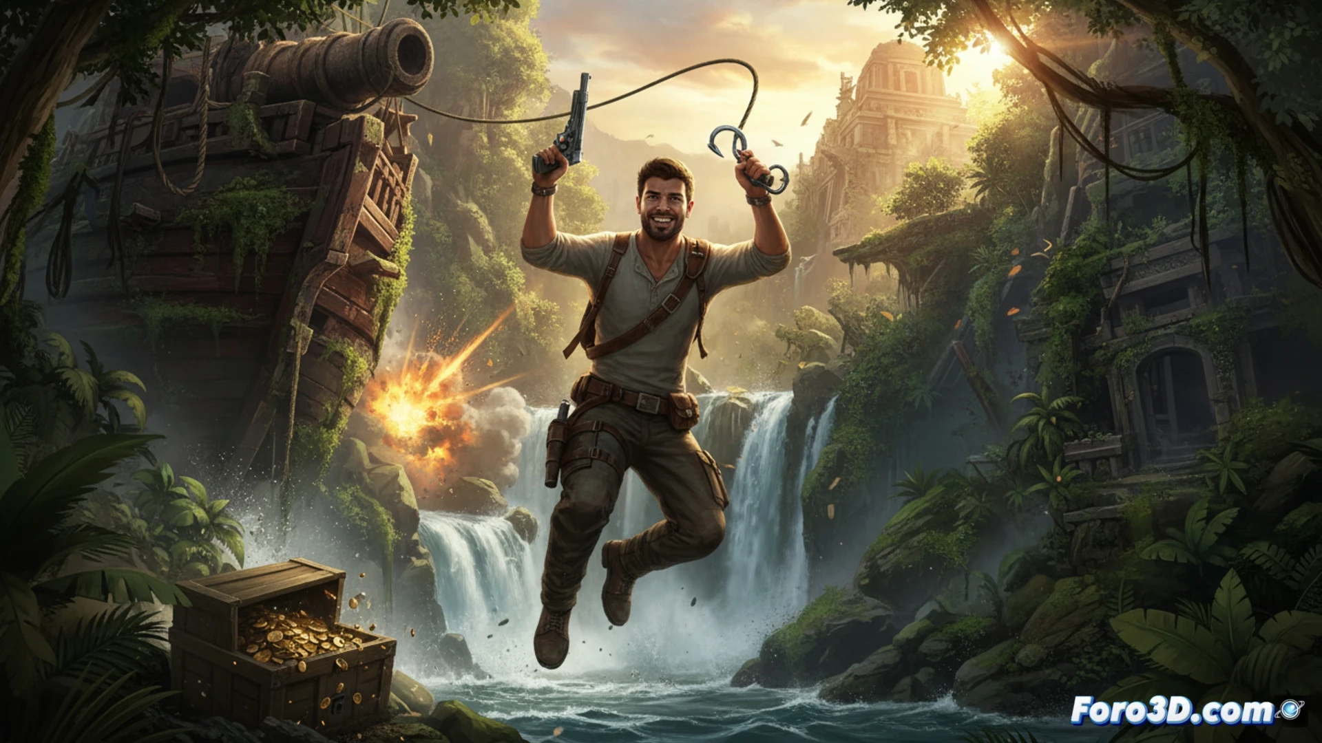 Nathan Drake sonríe mientras salta entre ruinas, pistola en mano, bajo un cielo dorado de aventura pulp.