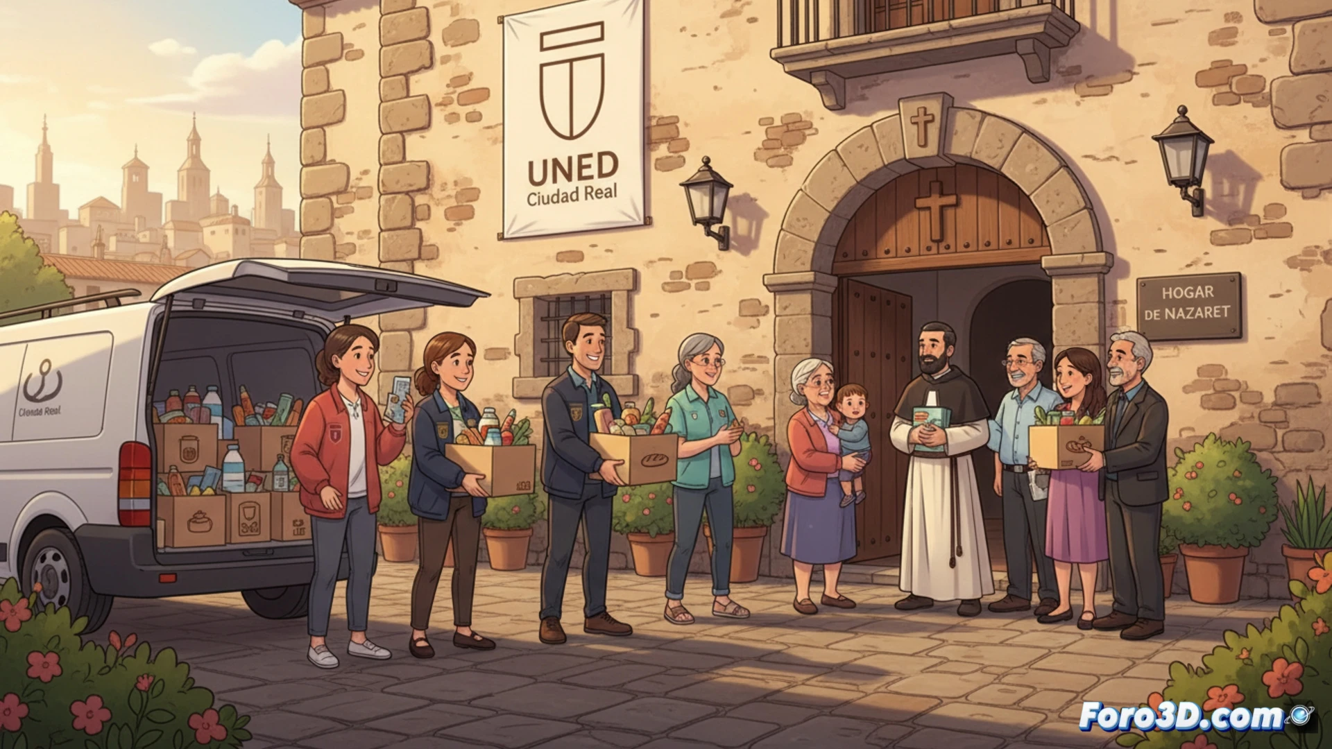 Universidad UNED Ciudad Real entregando cajas de alimentos apiladas a voluntarios del Hogar de Nazaret, pasillo institucional con bancos y puertas de cristal al fondo, donación comunitaria visible, productos básicos como latas y pasta en cajas abiertas, manos entregando y recibiendo durante la acción solidaria, iluminación natural suave desde ventanas laterales, estilo fotorrealista cinematográfico, texturas de cartón y plástico detalladas, profundidad de campo media, composición horizontal, colores cálidos y contrastes suaves, ambiente de cooperación y gratitud, alta definición técnica.