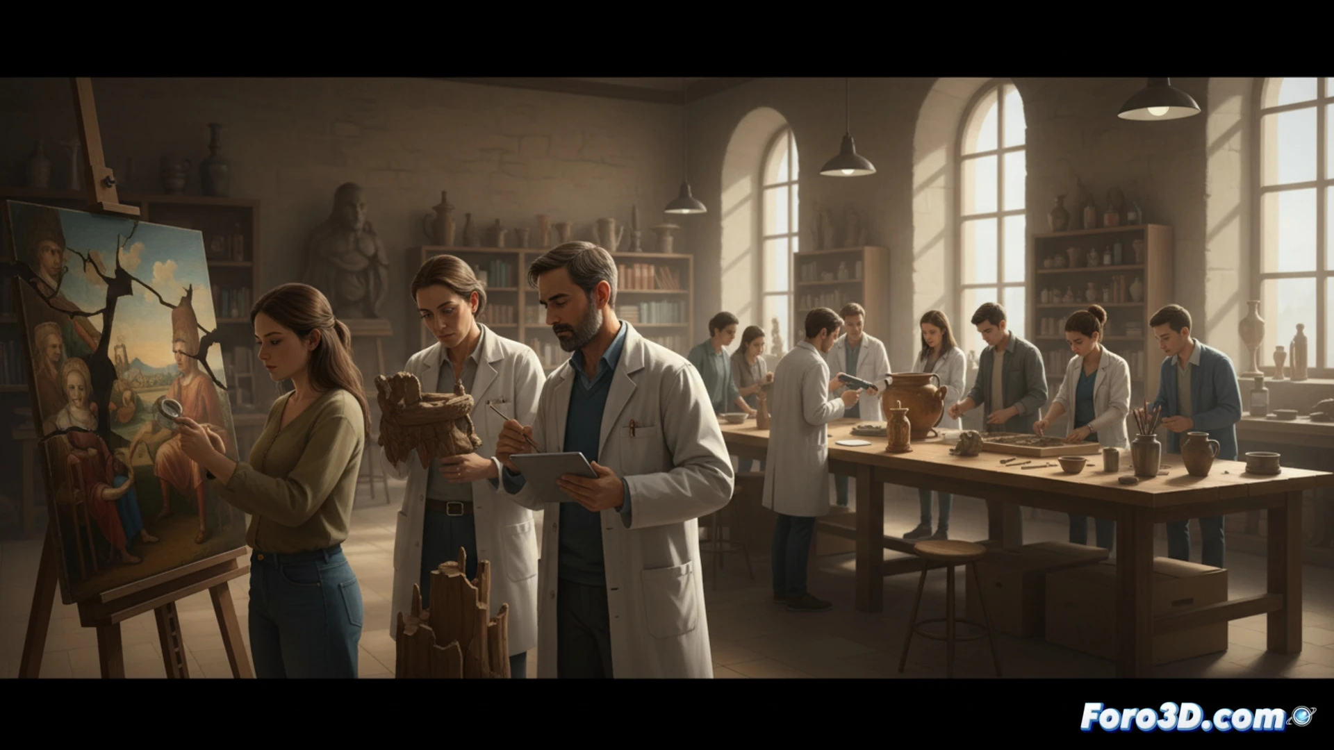 Taller de restauración del museo, dos estudiantes con guantes blancos examinan una pintura al óleo sobre lienzo dañada bajo luz ultravioleta, un restaurador profesional sostiene un bisturí mientras limpia una capa de suciedad superficial, sobre la mesa hay pinceles finos, espátulas y frascos de disolvente, fondo con estanterías de obras en proceso, luz de trabajo LED ajustable iluminando la escena, estilo cinematográfico fotorrealista, texturas de pintura craquelada visibles, ambiente de laboratorio de conservación, enfoque nítido en las manos y herramientas, composición vertical de acción colaborativa.