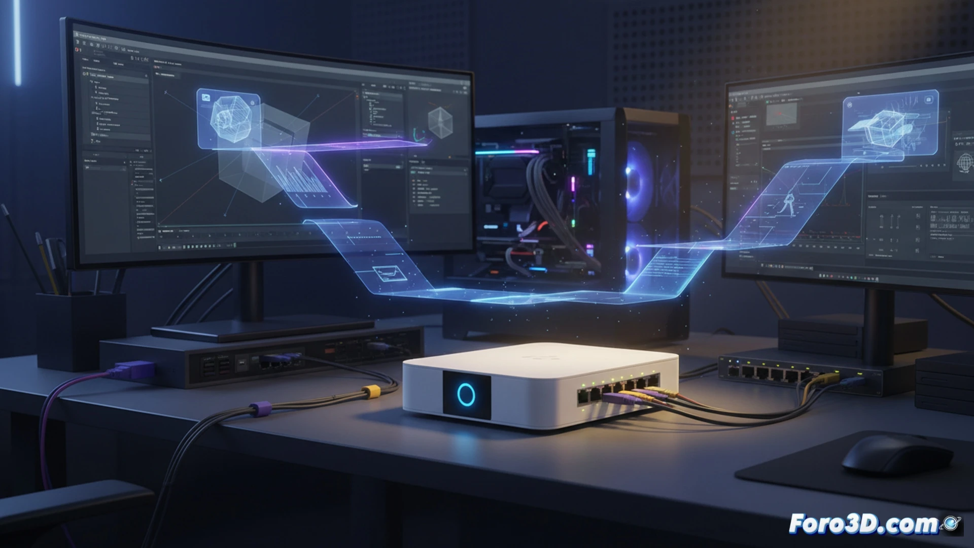Router UniFi Cloud Gateway Ultra plateado sobre escritorio con cables ethernet conectados