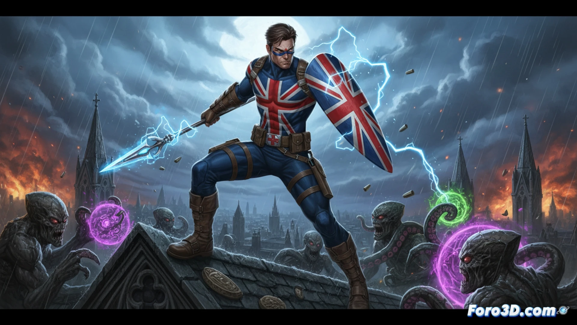 Union Jack, un héroe sin magia, con dagas y traje blindado, listo para el combate.