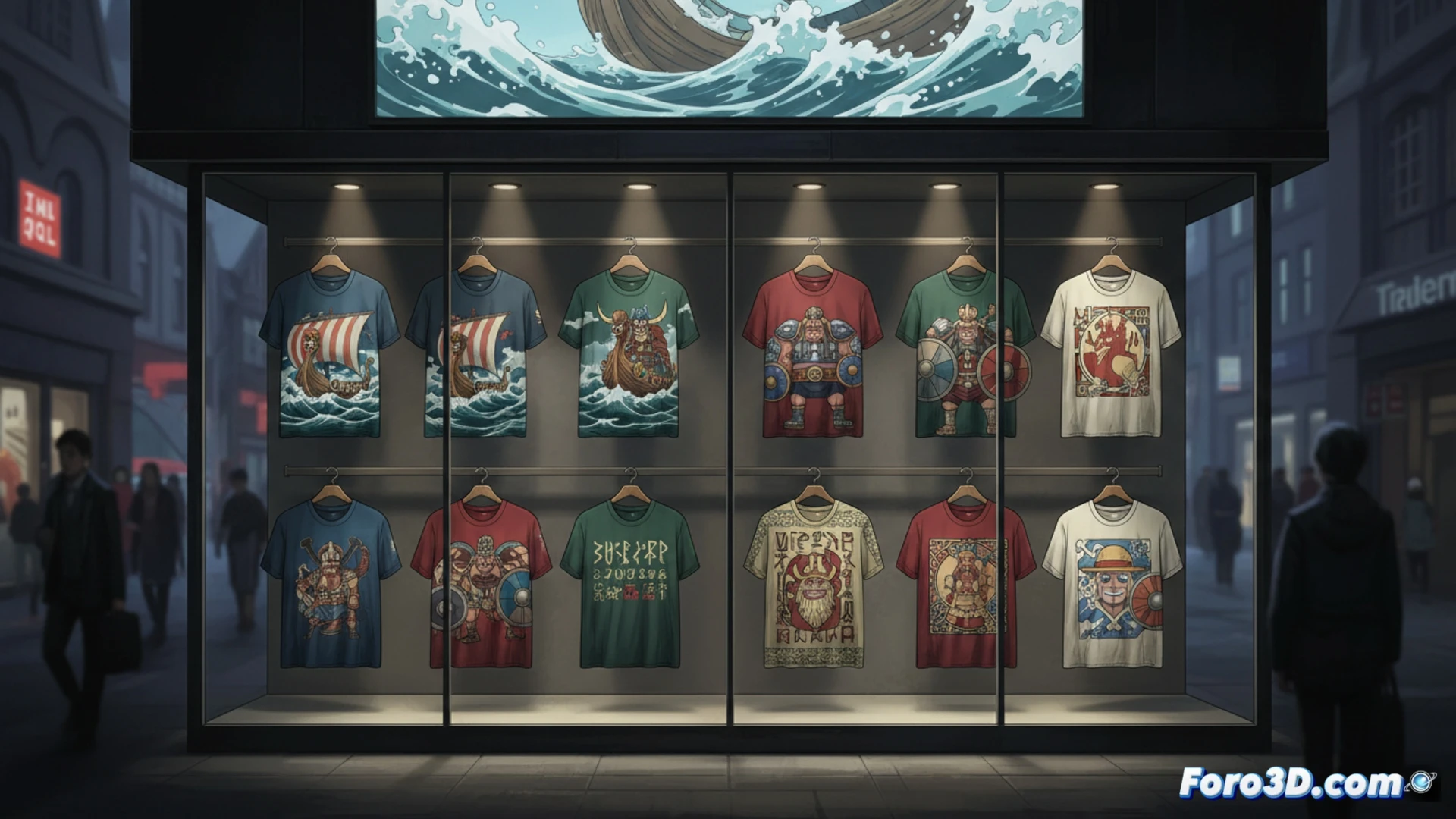 Una camiseta blanca de Uniqlo muestra a Luffy y Loki en Elbaph, con guerreros gigantes al fondo y detalles nórdicos en el estampado.