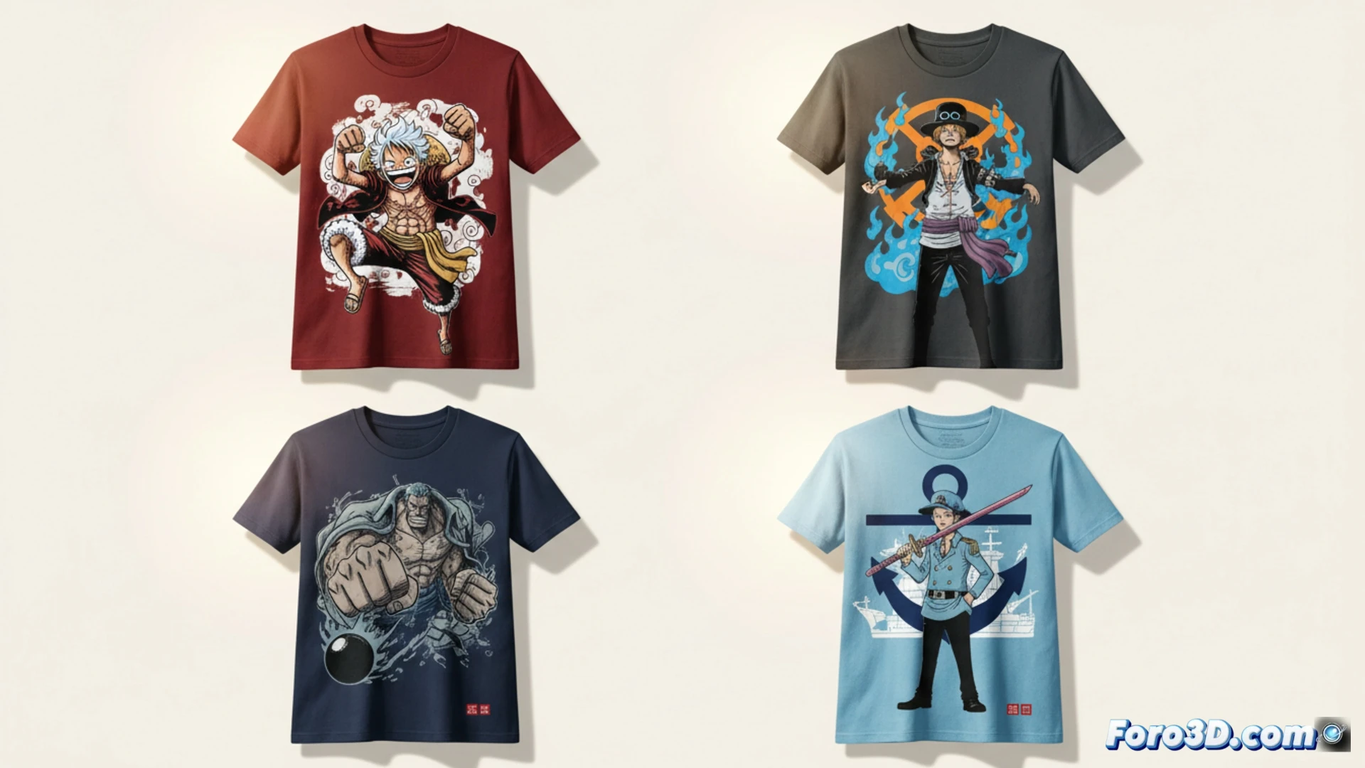 Cuatro camisetas blancas de Uniqlo con diseños de Luffy, Sabo, Garp y Koby de One Piece, en fondo minimalista.