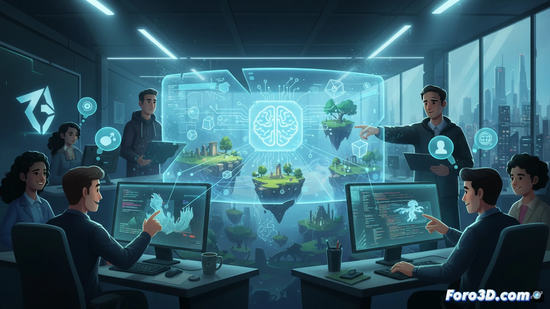 Descripción detallada (80-120 caracteres):  
Ventana del editor Unity 6 con un panel lateral AI donde un asistente escribe código C# en tiempo real, mientras un desarrollador observa junto a assets provisionales 3D.