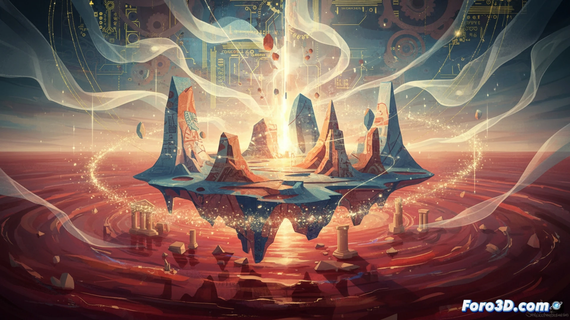 Escena surrealista de Mediterranea Inferno con modelado 3D minimalista y texturas planas saturadas