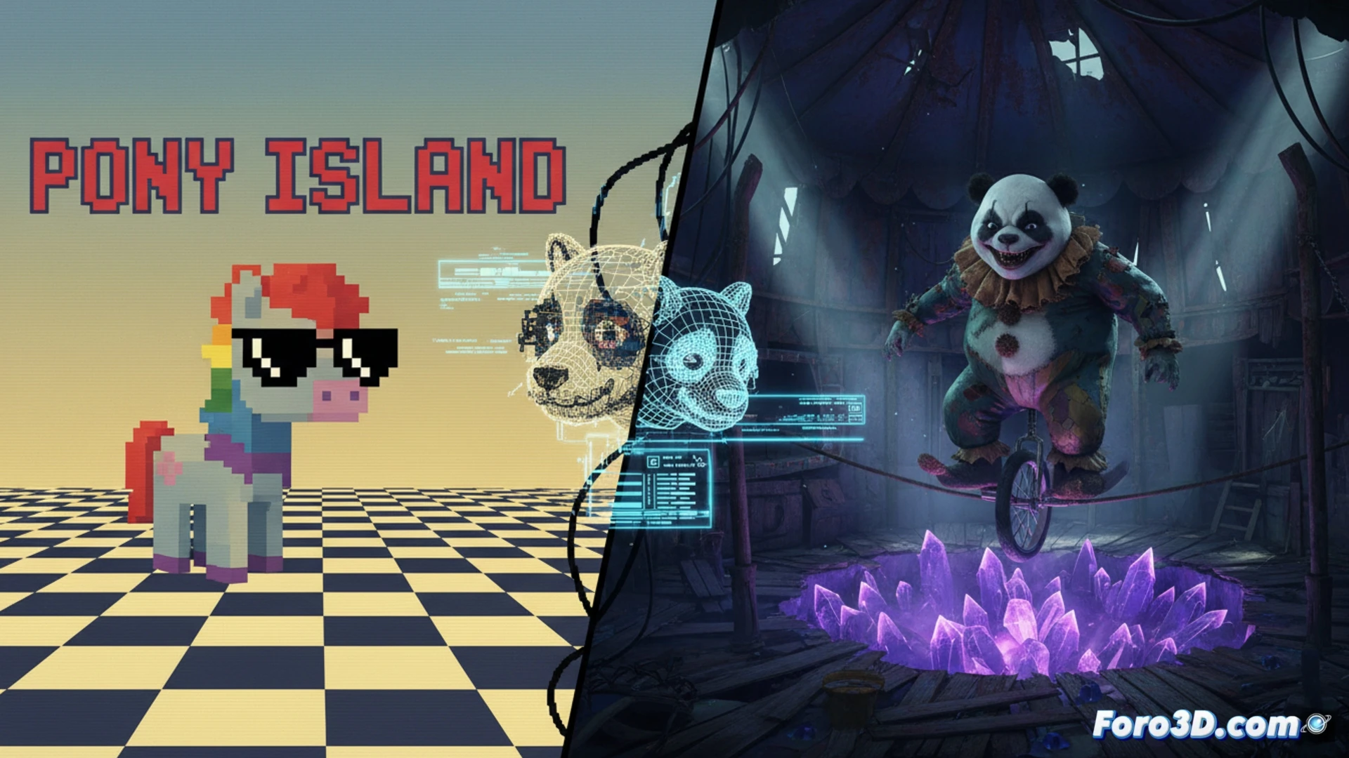 Captura de Pony Island 2 mezclando pixel art 8 bits con entornos 3D surrealistas en Unity