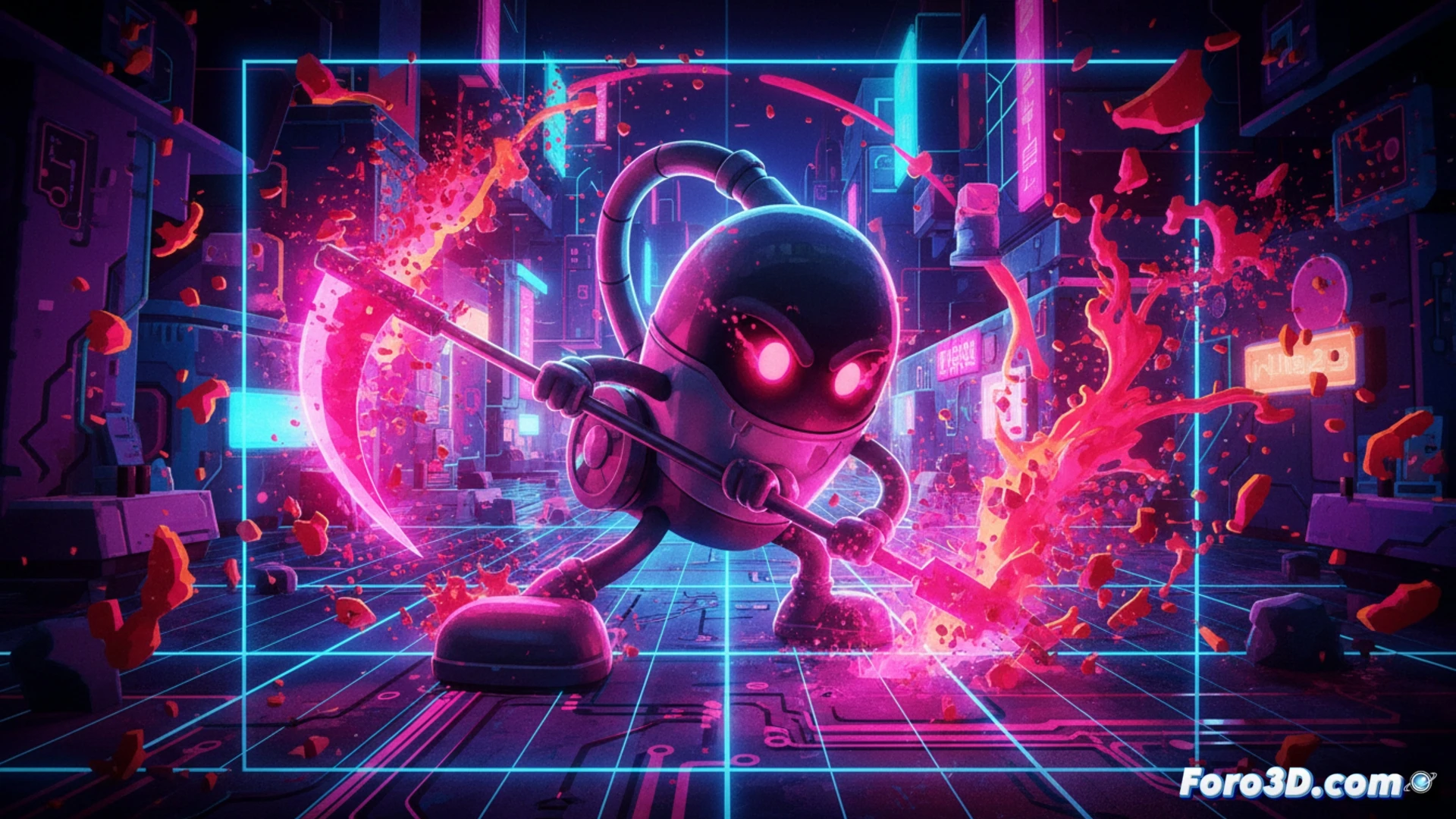 Justice Sucks aspiradora robot neón sangre estilo cartoon 90s Unity indie