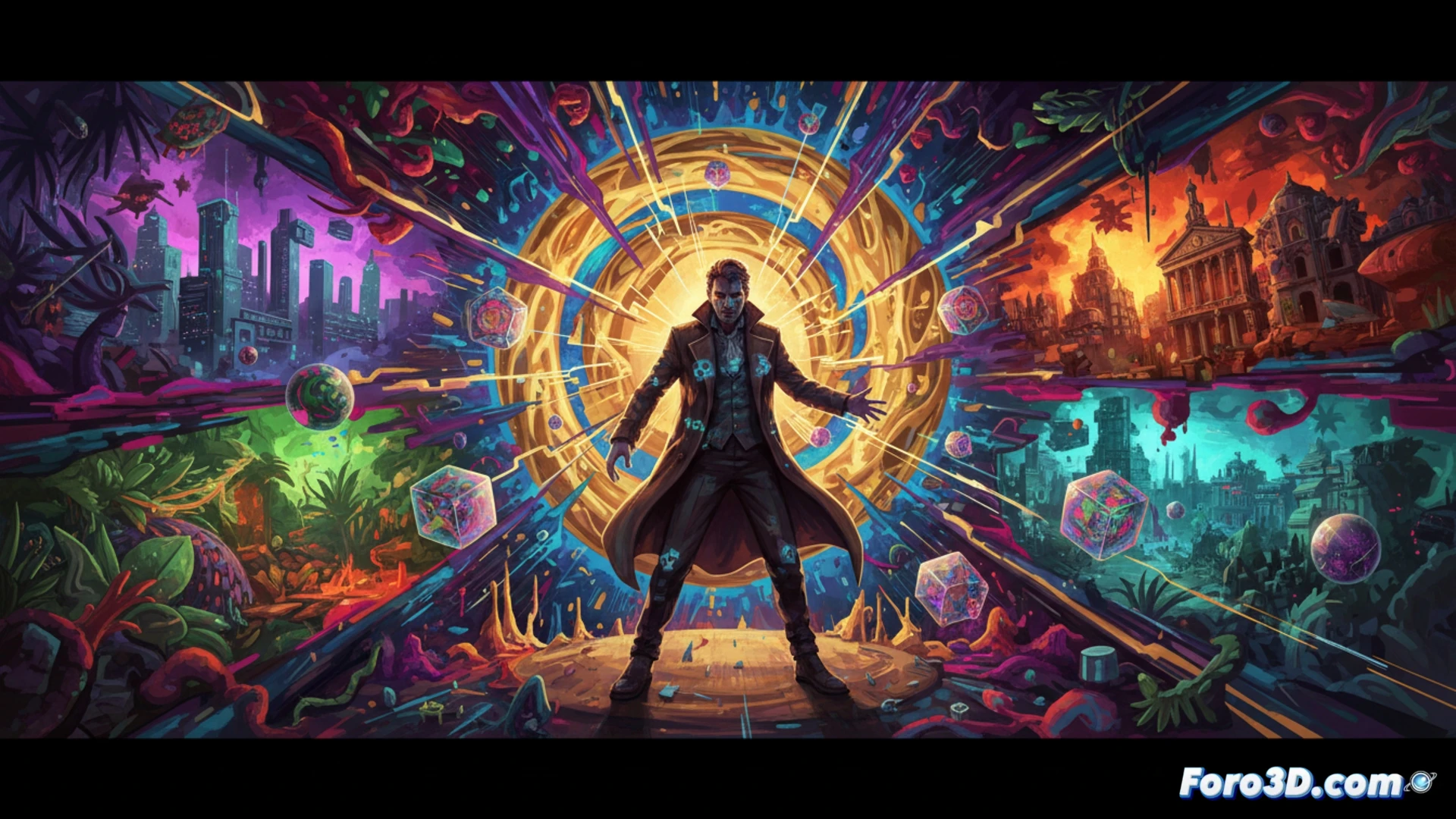 Ilustración psicodélica de Casanova Quinn en un paisaje interdimensional con colores vibrantes y patrones geométricos
