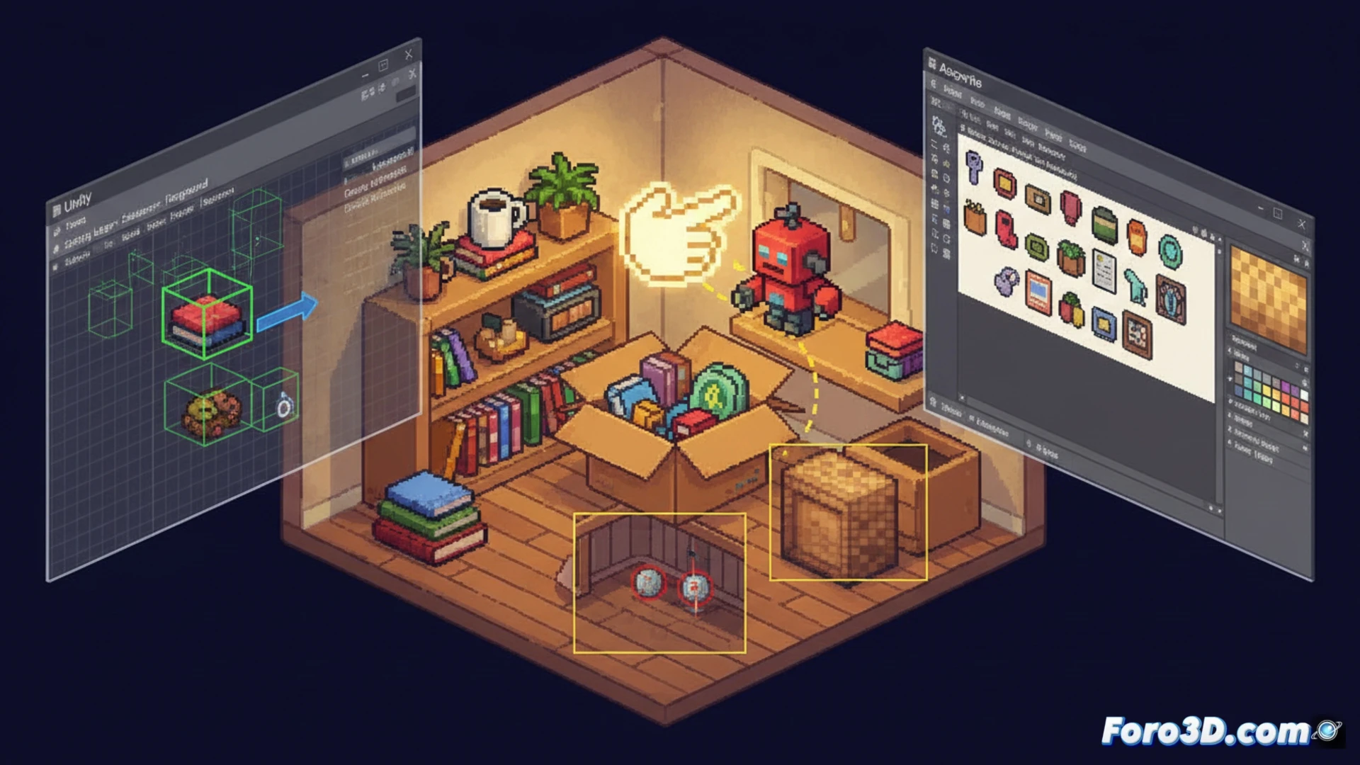 Unpacking juego indie Unity, vista isométrica con pixel art y objetos domésticos organizados en estanterías