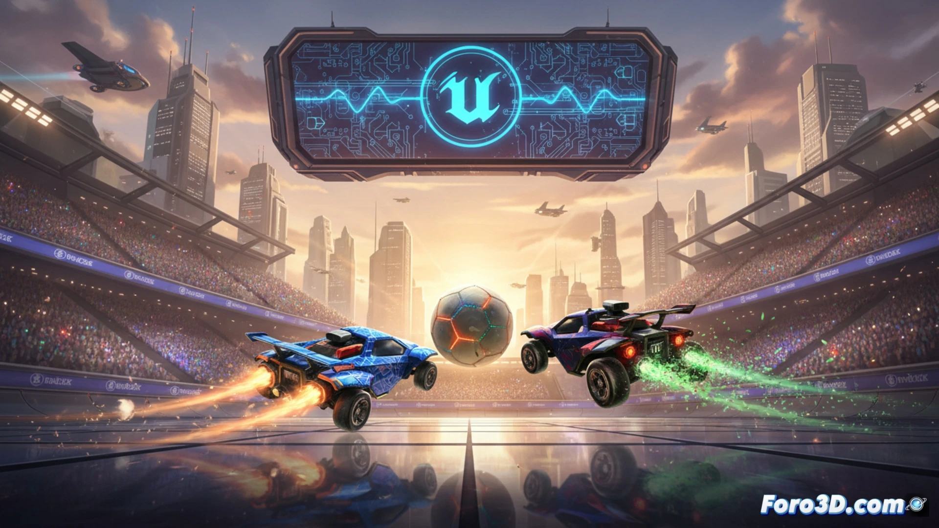 competitive Rocket League arena during sudden engine upgrade transformation, stadium crowd gasping as car boosts through goal explosion, Unreal Engine 6 particle system demonstrating real-time lighting shift across metal car body, debris fragments morphing into complex geometric shapes mid-air, technical visualization of engine performance metrics floating as holographic overlays around the vehicle, cinematic engineering render, dynamic motion blur on spinning wheels, glowing nanite geometry lines tracing car surface, photorealistic stadium reflections on polished chrome, dramatic blue-orange contrast lighting, ultra-detailed suspension components visible during aerial flip