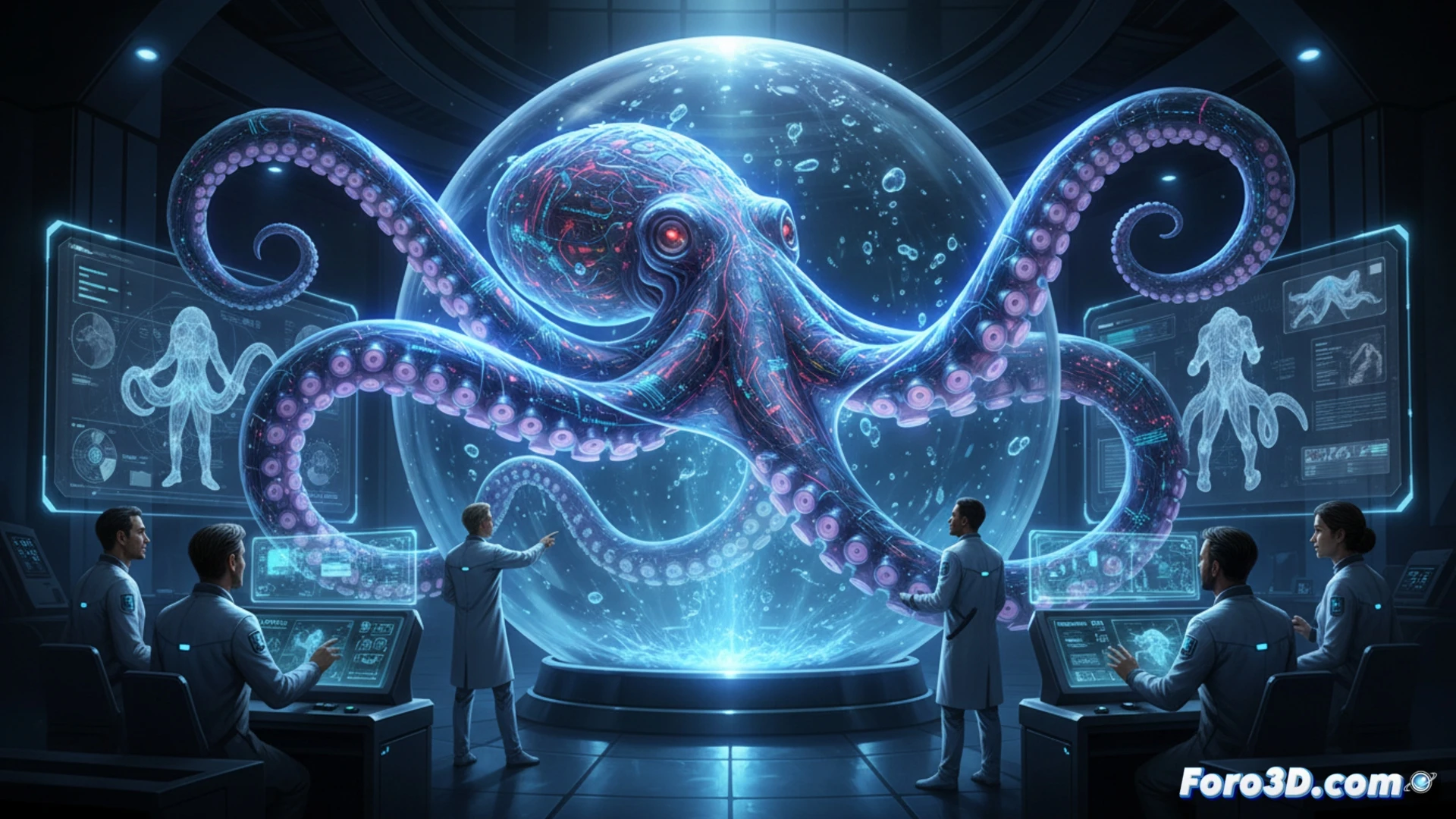 photorealistic cinematic scene of a digital octopus being sculpted inside a high-end 3D software interface on multiple monitors, a digital artist adjusting tentacle muscle fibers using a stylus and tablet, glowing wireframe overlays showing rigging and simulation nodes, neural network diagrams floating above a workstation, during a six-month animation process, dark studio lighting with blue and teal screen reflections, detailed computer hardware visible, technical engineering visualization, ultra-realistic creature with translucent skin and dynamic suction cups, motion blur on tentacle tips demonstrating fluid movement