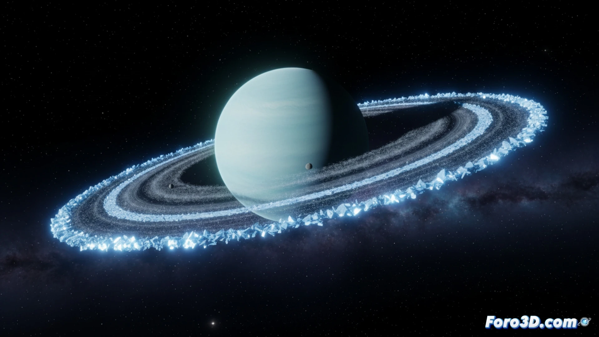 Urano con dos anillos contrastantes: épsilon brillante y denso, lambda tenue y polvoriento, bajo un cielo estrellado.