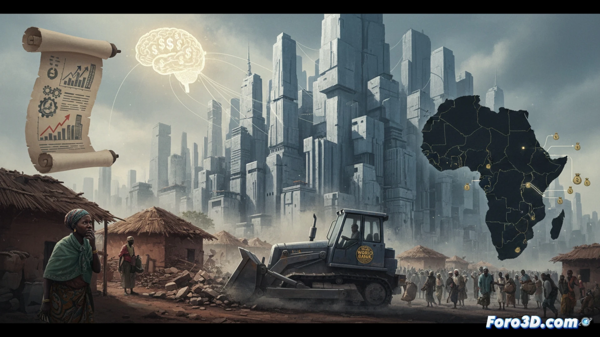Aerial view of a rapidly expanding African city skyline, construction cranes lifting steel beams over a new highway bridge, workers in hard hats laying fiber-optic cables alongside a railway track, a financial district with glass skyscrapers emerging from informal settlements, bulldozers clearing land for a solar farm, a World Bank logo subtly embedded on a billboard showing urban growth charts, dramatic golden hour lighting, photorealistic technical illustration, cinematic wide-angle shot, infrastructure development in action, dust and motion blur from active machinery, contrast between old and new urban fabric, ultra-detailed engineering visualization
