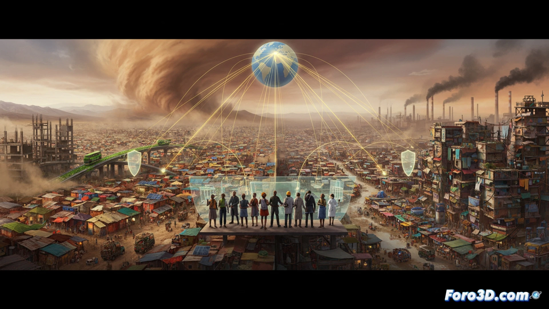 Aerial view of sprawling informal settlements encroaching on a polluted river in a rapidly urbanizing Asian megacity, construction cranes rising amid dense shantytowns, smoke from illegal waste burning mixing with smog, a single paved road congested with rickshaws and trucks, cracked earth and eroded hillsides in the background, a government official pointing at a digital map on a tablet showing flood-risk zones while a climate scientist gestures toward a weather station, photorealistic cinematic visualization, dramatic overcast sky with golden sunset light breaking through, ultra-detailed textures of corrugated metal roofs and muddy paths, high-contrast environmental storytelling