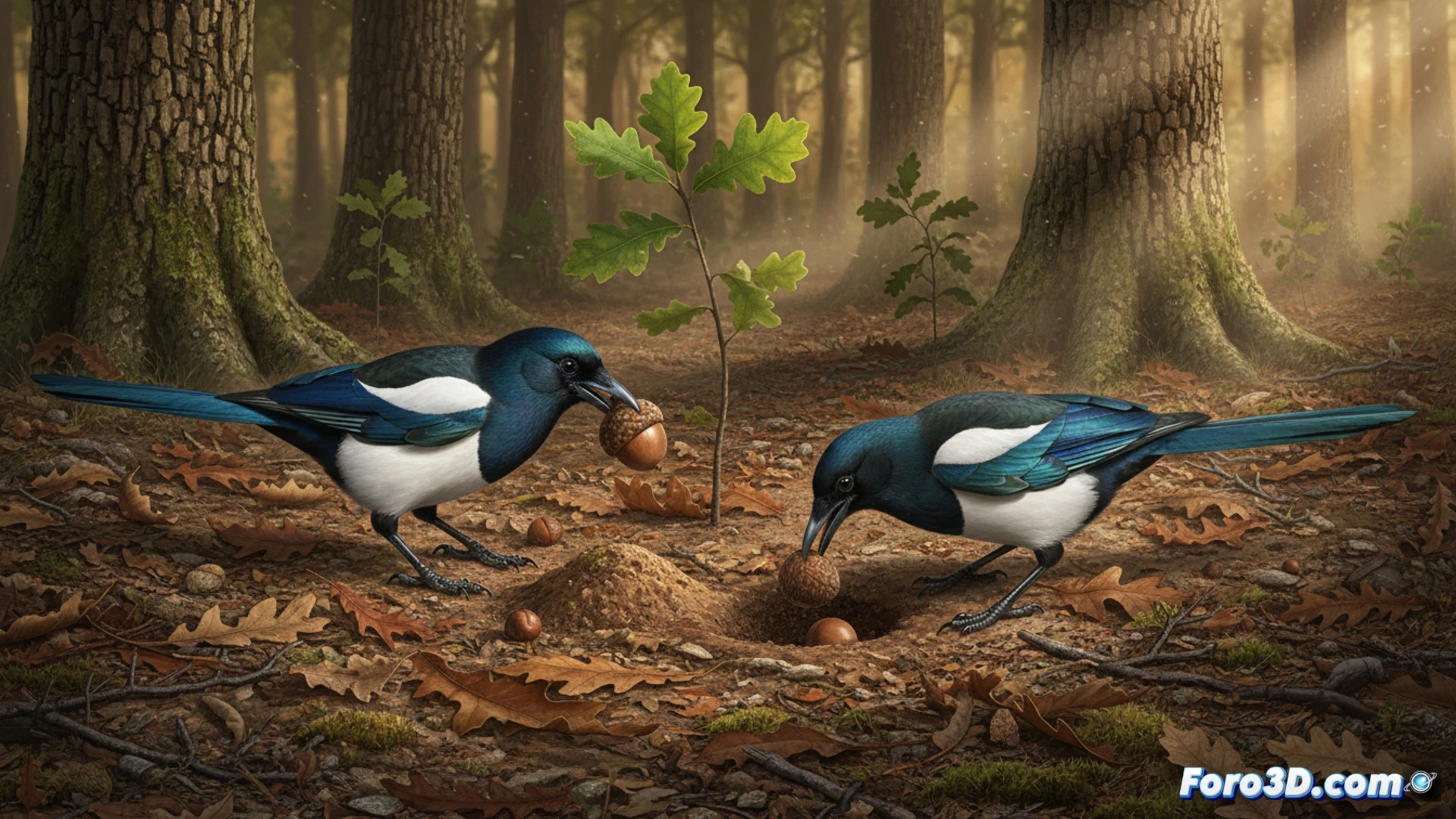 Urracas enterrando bellotas en un encinar; olvido accidental regenera el bosque.
