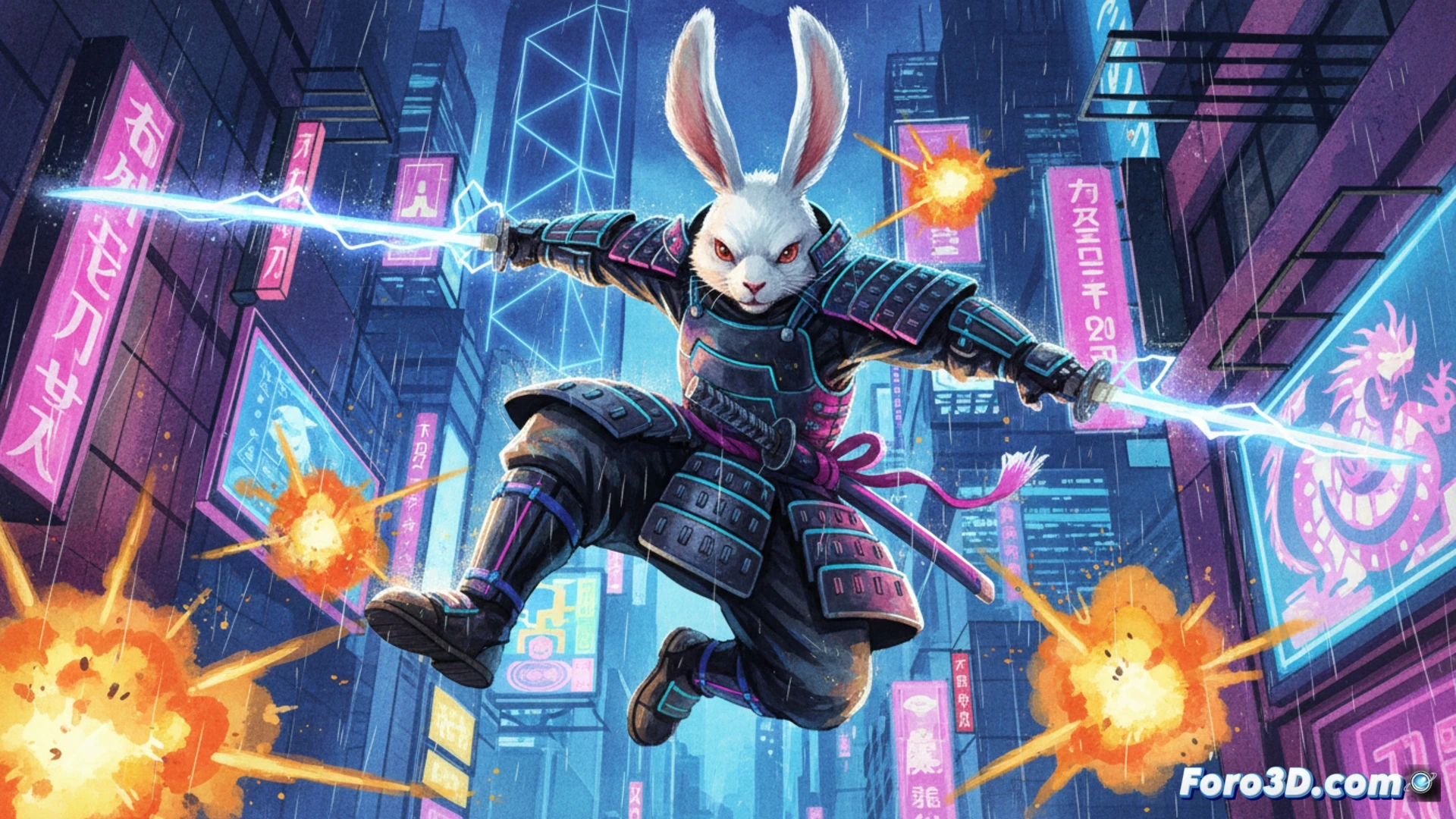 Usagi Yojimbo en los 80, con chaqueta de cuero y espada, salta entre neones y acuarelas vibrantes al estilo de Hong Kong.