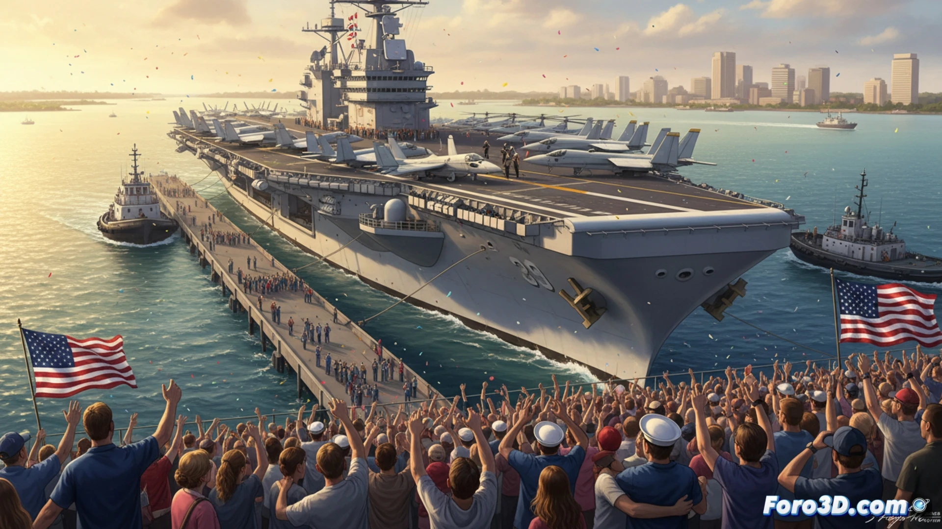 USS Gerald R. Ford aircraft carrier docking at Norfolk naval base, morning sunlight reflecting off the flight deck, thousands of sailors in blue uniforms lining the edge while family members wave from the pier, F/A-18 Hornet jets parked on deck with folded wings, steam rising from the nuclear propulsion vents, massive anchor chains lowering during mooring process, cinematic photorealistic visualization, dramatic golden hour lighting, detailed metallic hull textures, motion blur on waving flags, emotional reunion atmosphere, wide-angle composition showing the entire carrier silhouette against industrial port cranes, ultra-realistic ocean reflections and weathered deck surfaces, technical maritime engineering aesthetic