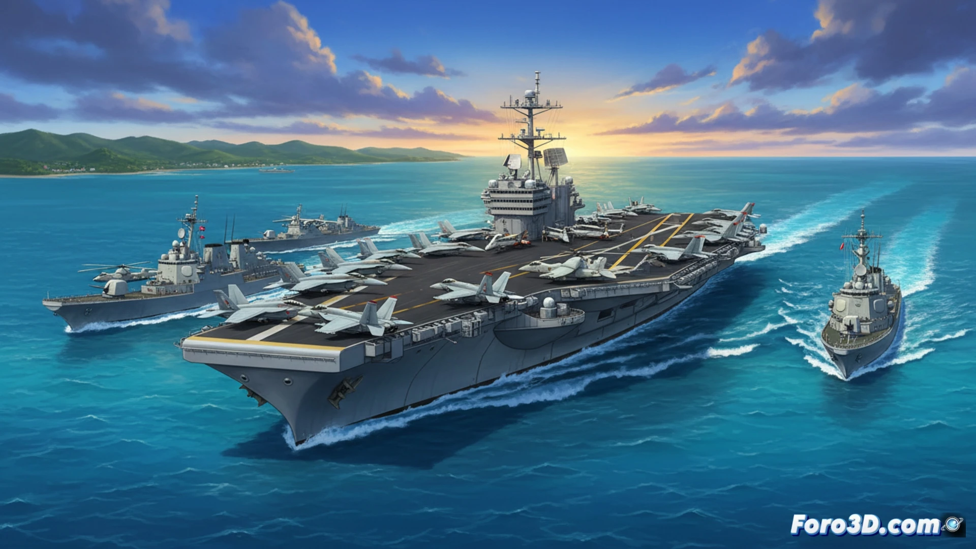 Nuclear-powered aircraft carrier USS Nimitz steaming through Caribbean waters at high speed, F/A-18 Hornet launching from flight deck with afterburner flame, destroyer escort positioned in trailing formation while supply ship conducts underway replenishment, radar arrays rotating on carrier island, wake turbulence churning turquoise sea, dramatic sunset lighting casting long shadows across flight deck, photorealistic military maritime scene, cinematic wide-angle lens, ultra-detailed hull plating and aircraft markings, dynamic motion blur on propellers, realistic ocean spray, technical naval engineering visualization