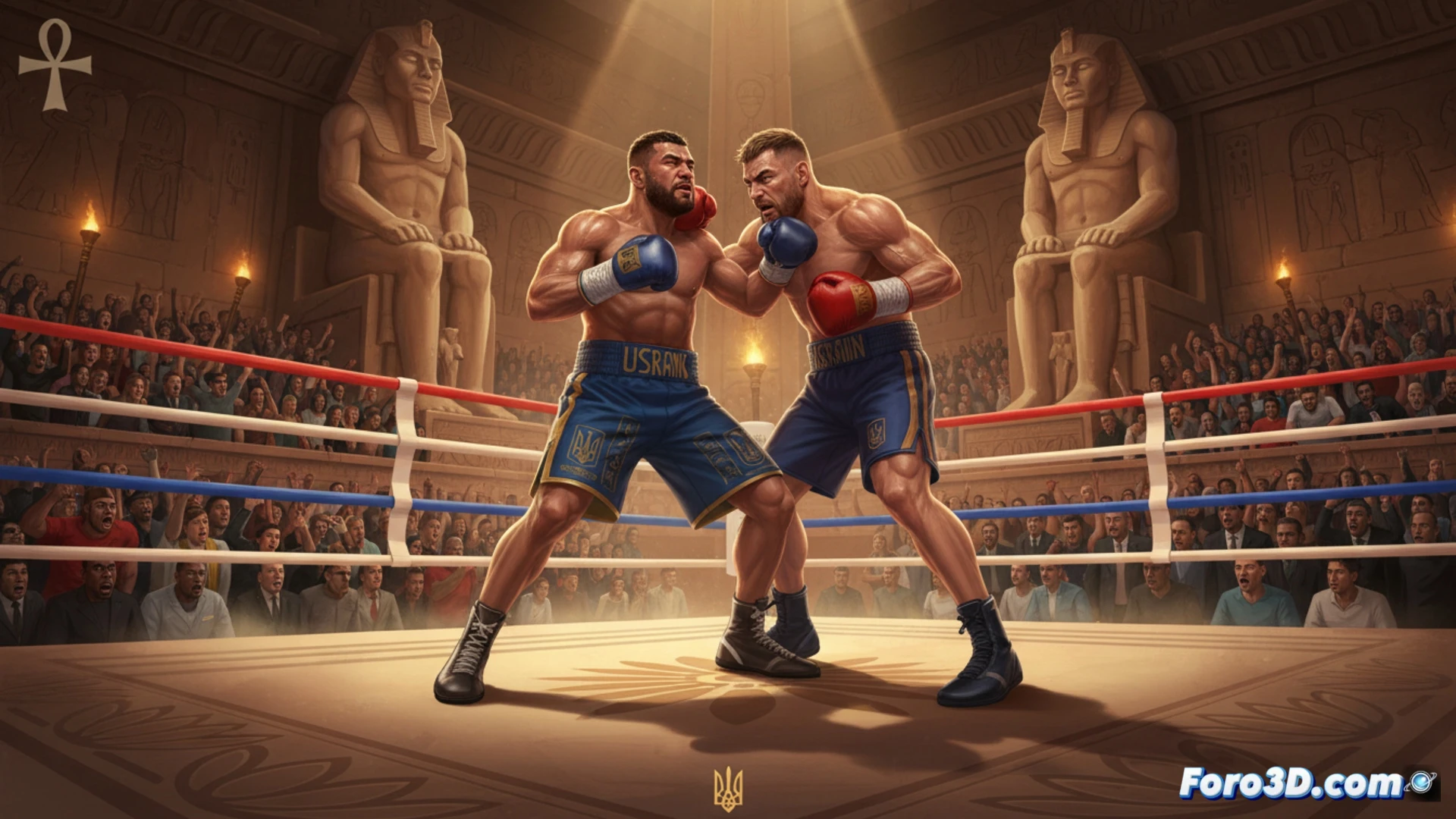 photorealistic boxing ring scene, Usyk wobbling in corner after a heavy right hook from Verhoeven, sweat droplets frozen mid-air, torn glove wrapping exposed, blood trickling from lip, Verhoeven pressing forward with aggressive stance, canvas texture visible, dramatic spotlight from above casting deep shadows, high-speed shutter effect capturing impact motion, corner stool and bucket visible in background, ropes straining from impact, ultra-detailed muscle definition and sweat on skin, cinematic lighting with amber and steel blue tones, technical fight analysis visualization