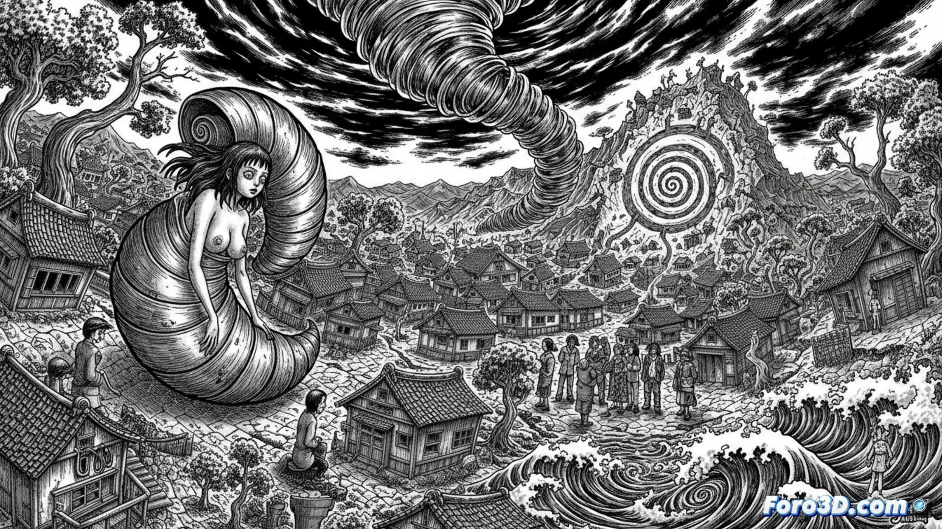 Un pueblo costero gris bajo un cielo en espiral. Cuerpos humanos retorcidos y deformados forman patrones hipnóticos. El humo y las nubes se enroscan en una pesadilla visual.