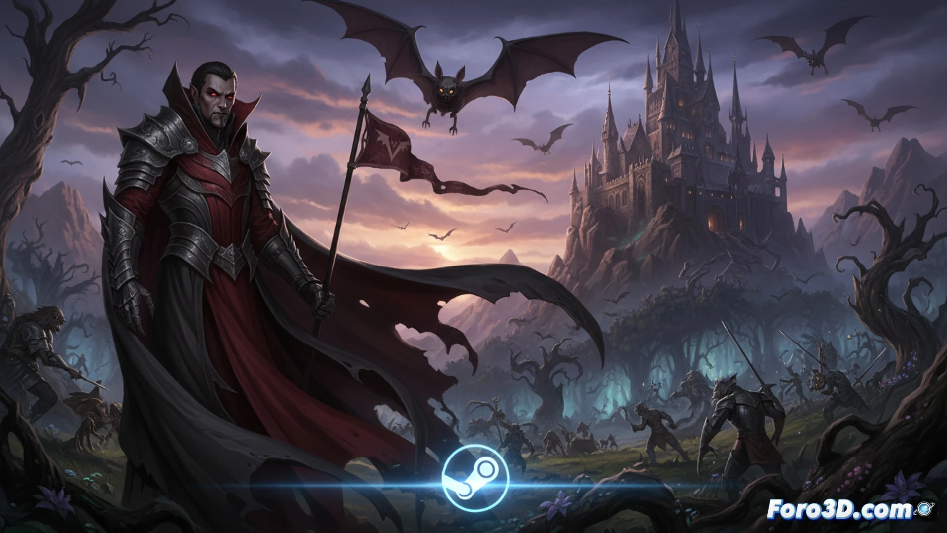 Un vampiro oscuro con espada alza su capa roja sobre un castillo gótico en ruinas bajo luna llena. Texto V Rising gratis en Steam hasta 18 de mayo.