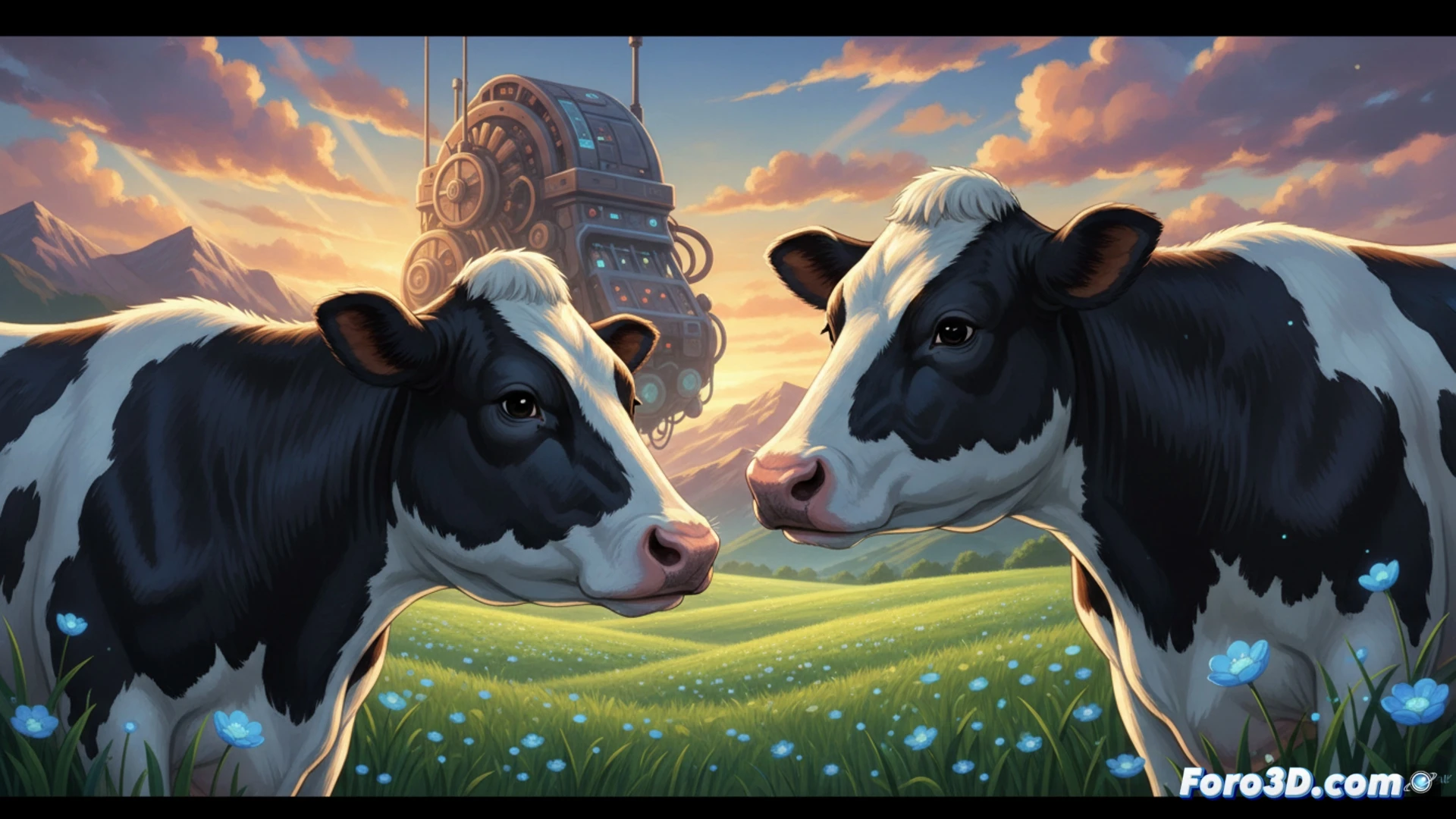 Una vaca Holstein blanca y negra lame suavemente el hocico de otra vaca en un prado verde, bajo un cielo suave y nublado.