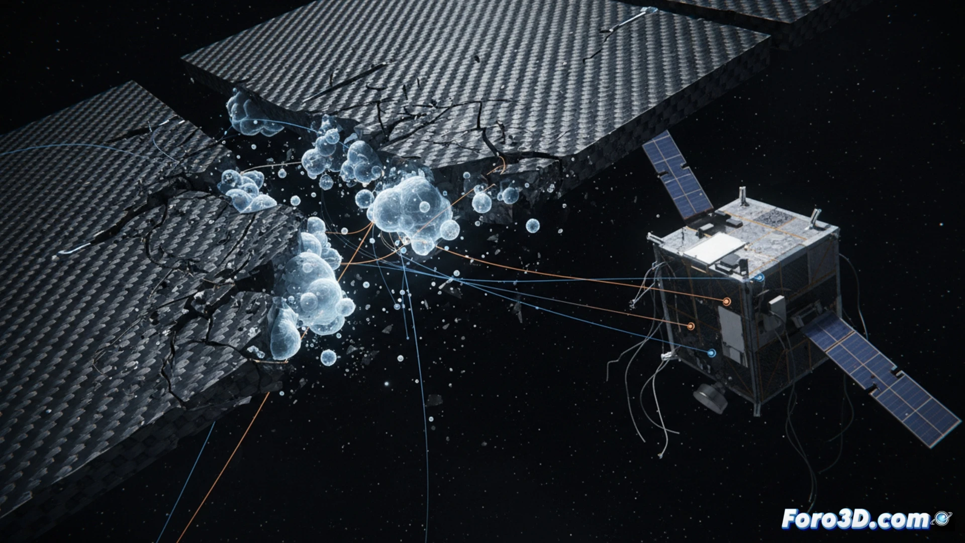 Simulación 3D de vacuolas expandiéndose en adhesivo dentro de chasis de CubeSat en vacío espacial