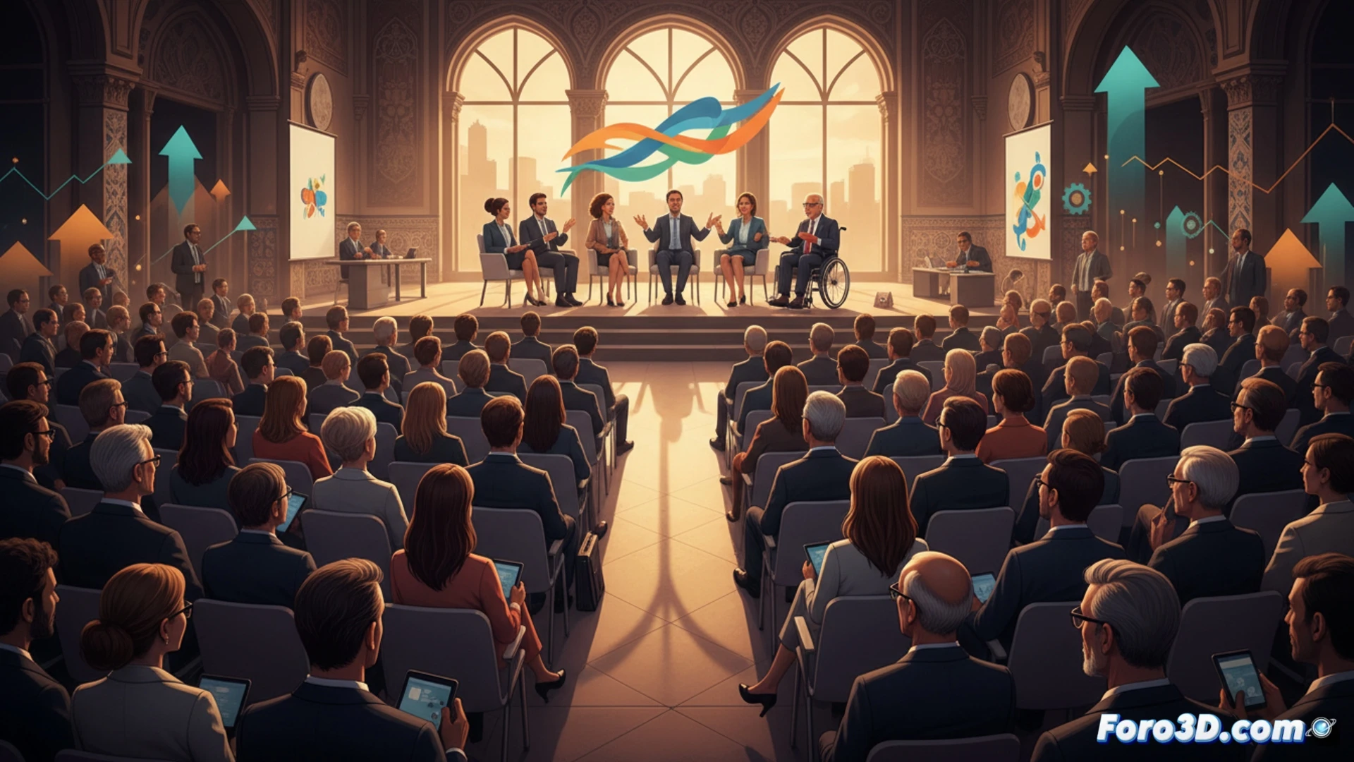 corporate diversity forum in Valencia, diverse professionals collaborating around a digital inclusion dashboard on a large screen, one person pointing at data showing hiring metrics, another adjusting a VR headset for accessibility training, modern glass-walled conference room with European Union flags, employees of different ages and ethnicities engaged in discussion, holographic pie charts floating above a tablet, photorealistic architectural visualization, warm natural light from floor-to-ceiling windows, sleek minimalist furniture, cinematic depth of field, technical office environment with ergonomic tools, ultra-detailed textures on clothing and devices