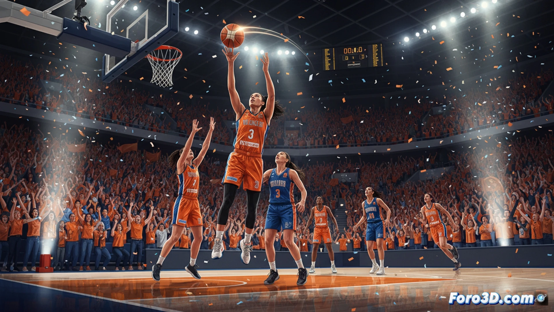 Valencia Basket female basketball player jumping to score a last-second buzzer beater, ball leaving fingertips at the highest arc, arena crowd frozen in anticipation, shot clock showing zero point zero seconds, hardwood court reflection, modern stadium architecture with curved steel beams and LED perimeter boards, multiple defensive players reaching toward the ball, dramatic spotlight from above, intense facial expressions, motion blur on arms and jumping legs, photorealistic sports photography style, high contrast stadium lighting, deep shadows under the basket, ultra-sharp focus on ball and net