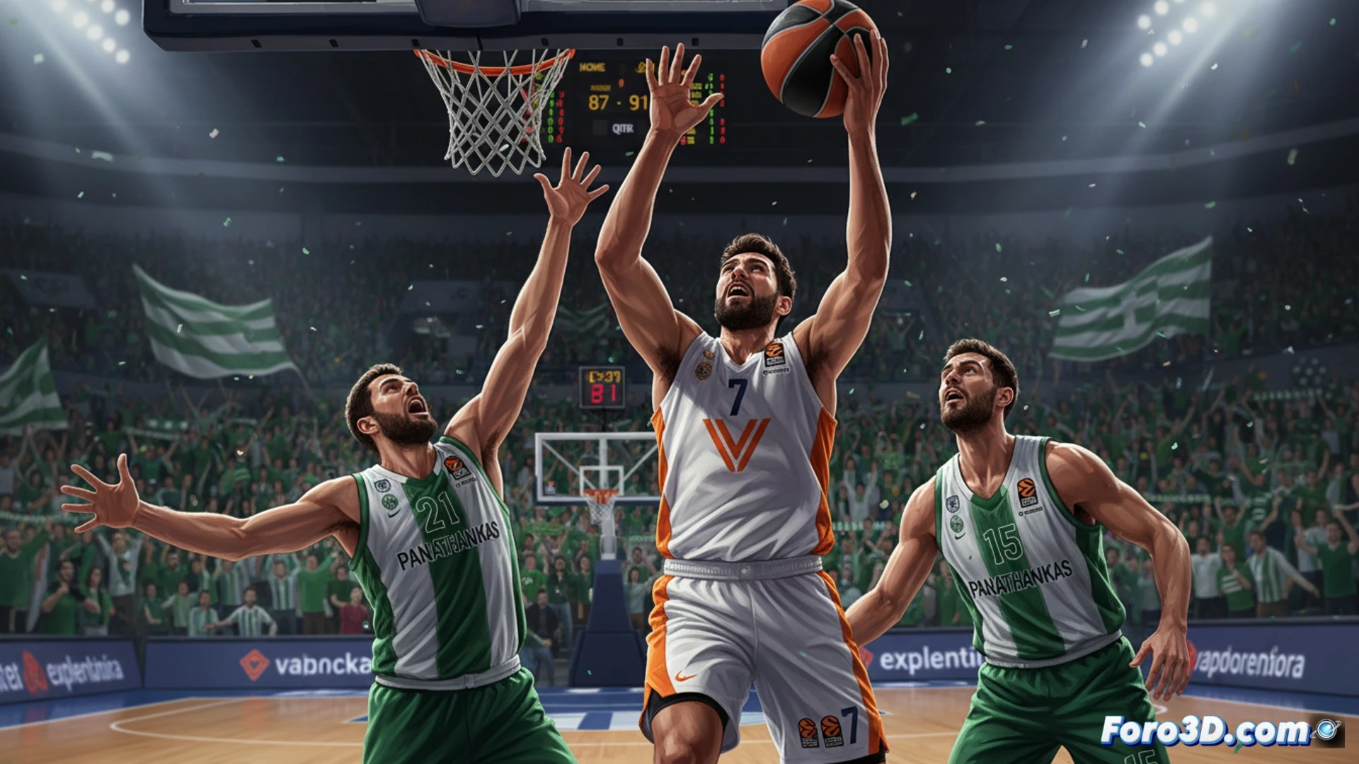 Descripción (80-120 caracteres):  
Jugadores del Valencia Basket celebran su victoria 87-91 en el OAKA ante el Panathinaikos, con afición local al fondo.