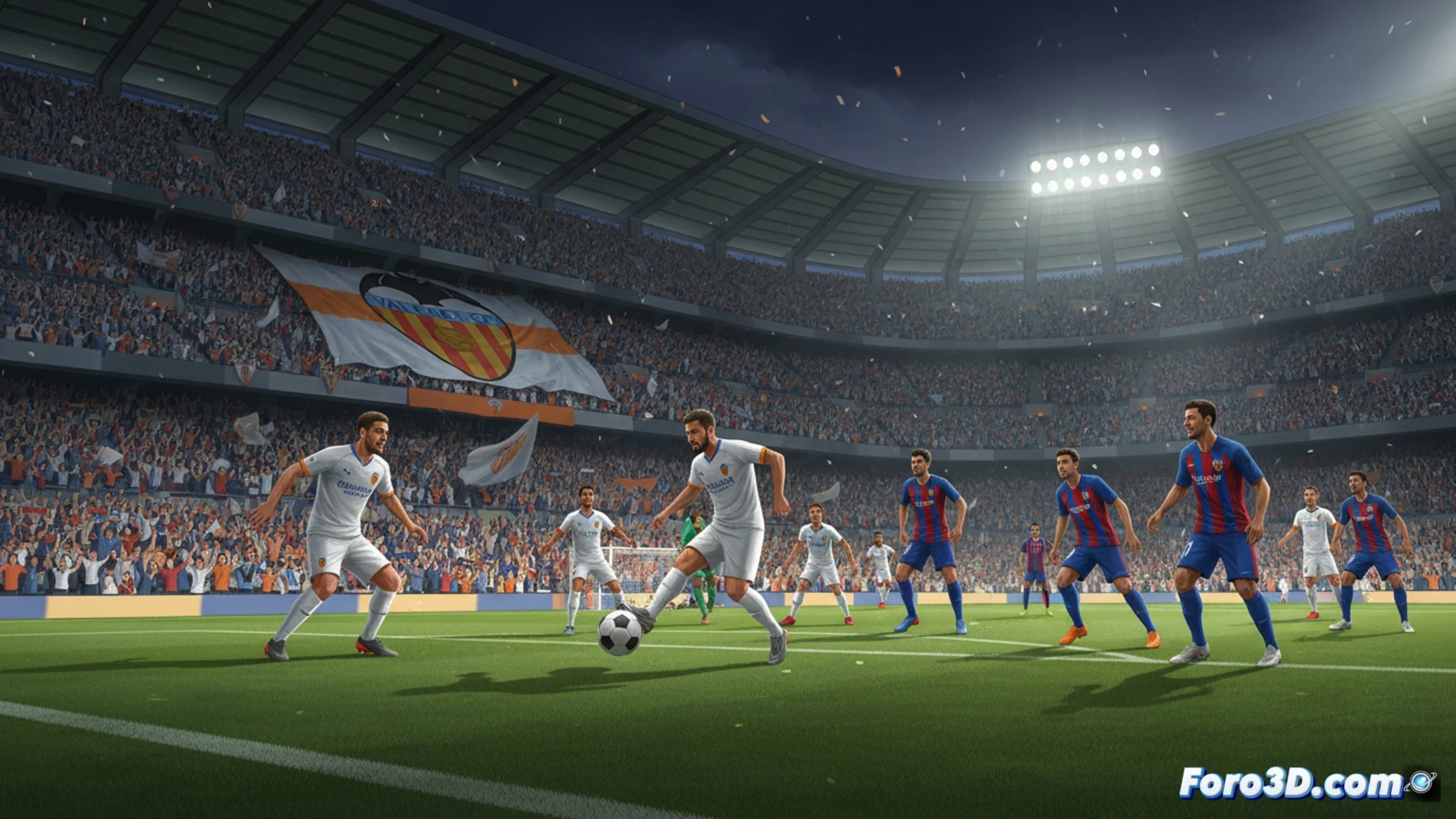 Valencia Mestalla stadium pitch at sunset, green grass with shadow patterns from floodlights, Valencia player in orange shirt sliding tackle on Barcelona player in blaugrana, ball spinning mid-air near midfield line, dramatic action freeze-frame, crowd blur in background, photorealistic sports photography style, high contrast lighting, sweat droplets visible, intense facial expressions, grass blades flying, dynamic motion blur on limbs, ultra-detailed fabric textures, cinematic wide-angle lens effect, 8K technical render