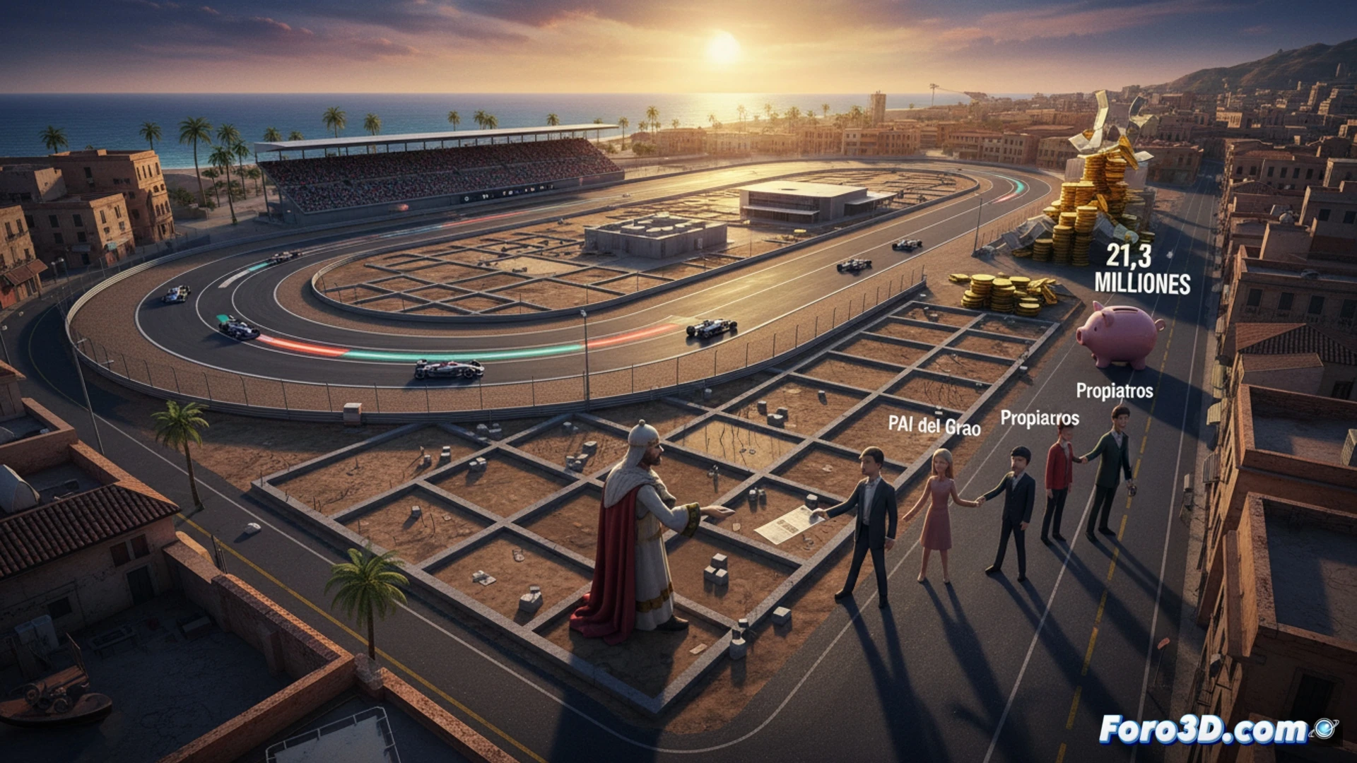 Una imagen aérea del circuito urbano de F1 en València, con planos del PAI del Grao superpuestos, mostrando terrenos cedidos como pago.