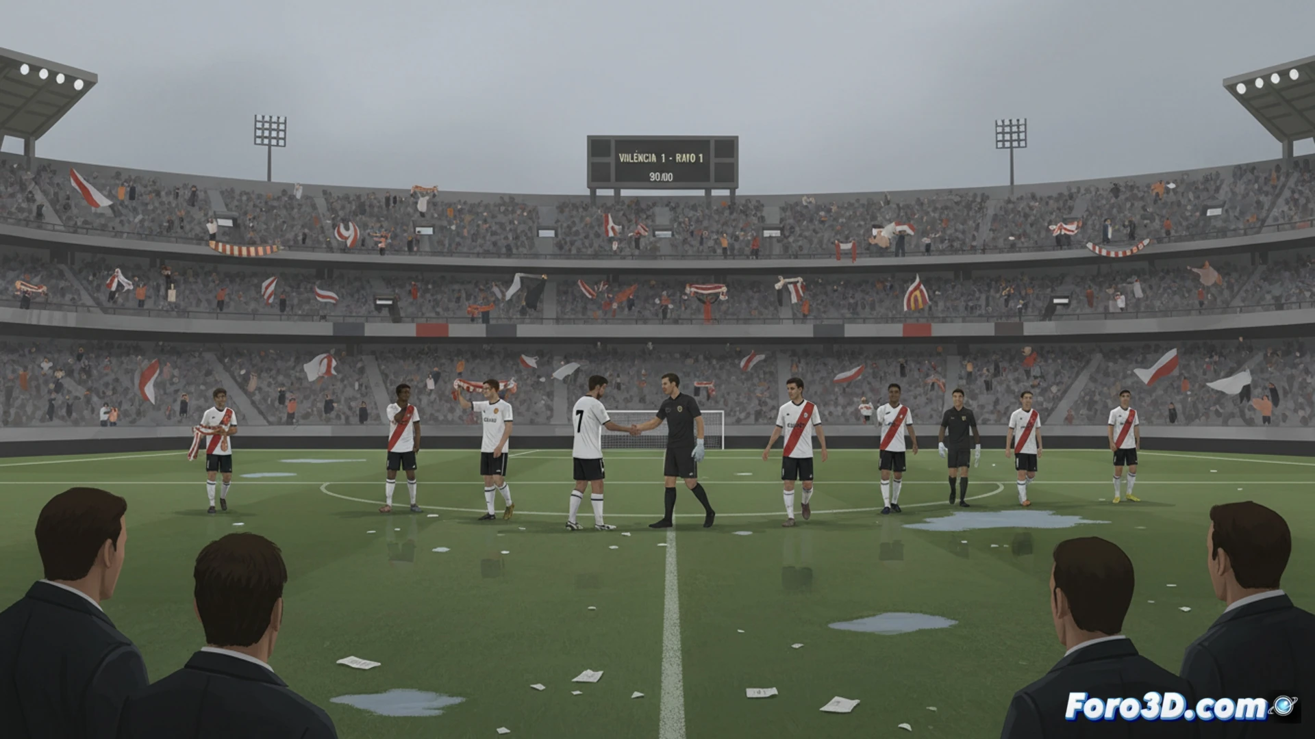 Valencia football stadium Mestalla during a dull first half, two players from Valencia and Rayo Vallecano contesting a midfield aerial duel, both teams in defensive positions, low intensity action, sparse crowd in stands, overcast grey sky casting flat shadows, technical illustration style, clean geometric stadium architecture, minimalist tactical formation lines faintly visible on pitch, photorealistic sports visualization, muted team colours, static atmosphere, detailed grass texture, wide cinematic angle from mid-stand viewpoint